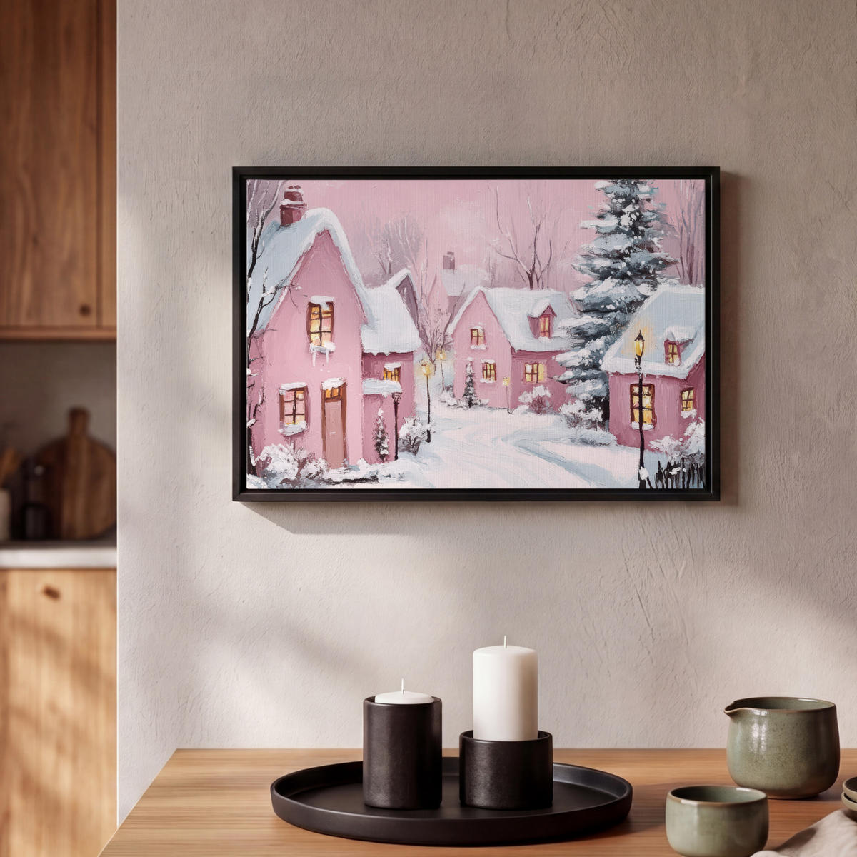 LEINWAND Bilder mit Rahmen - Weihnachtsdorf - Rosa - Winter - Schnee - Häuser - 30x20 - Altrosa, Textil (30/20cm) - MuchoWow
