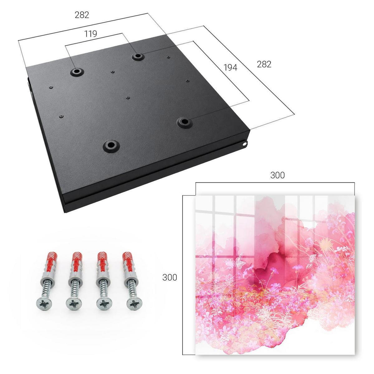 SCHLÜSSELBOX Schwarz 30x30 cm- Türöffnung nach rechts - Blumenlandschaft - Pink, Metall (30/30/5cm) - TULUP