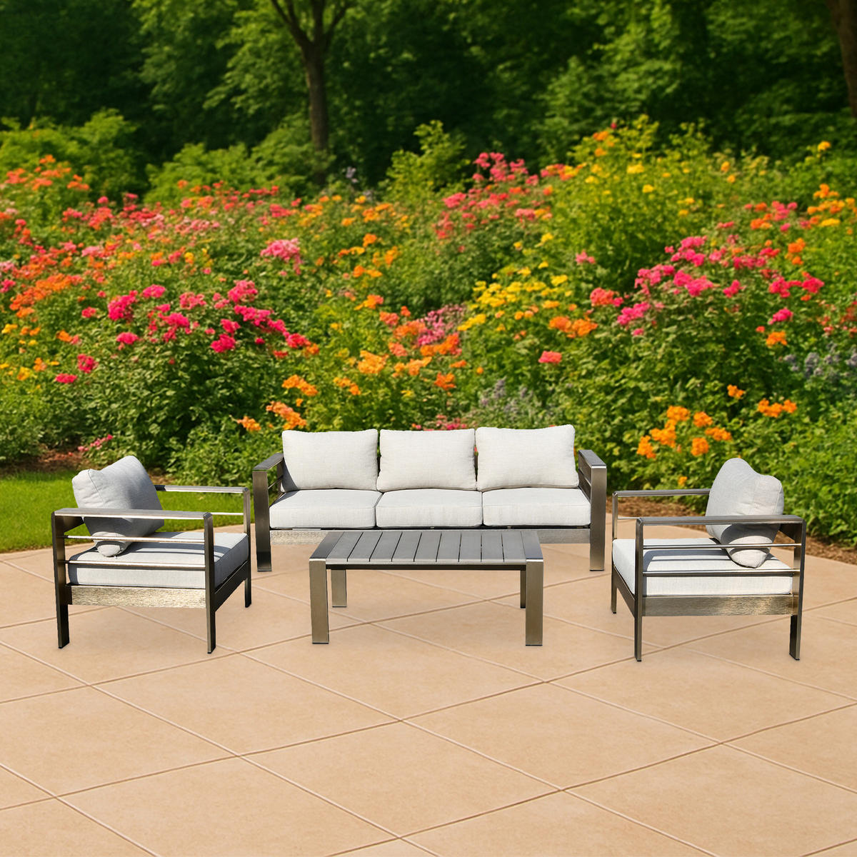 LOUNGE-SET Rochdale - 4-teilig aus gebürstetem Aluminium, Tischplatte und Armlehnen aus Kunstholz naturfarben - Grau, Metall - TPFGarden