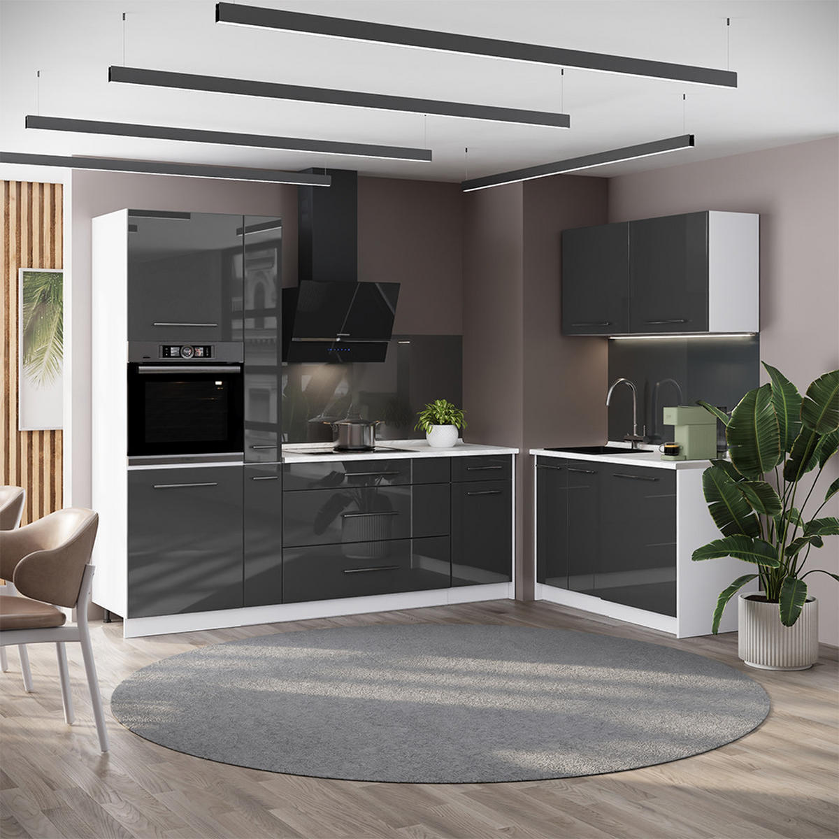 KUCHYNĚ Fame-Line, Antracitový vysoký lesk/Bílá, 220 x 120 cm, PD Mramor - bílá/vysoce lesklá černá, kompozitní dřevo (220/206.8/60cm) - Vicco