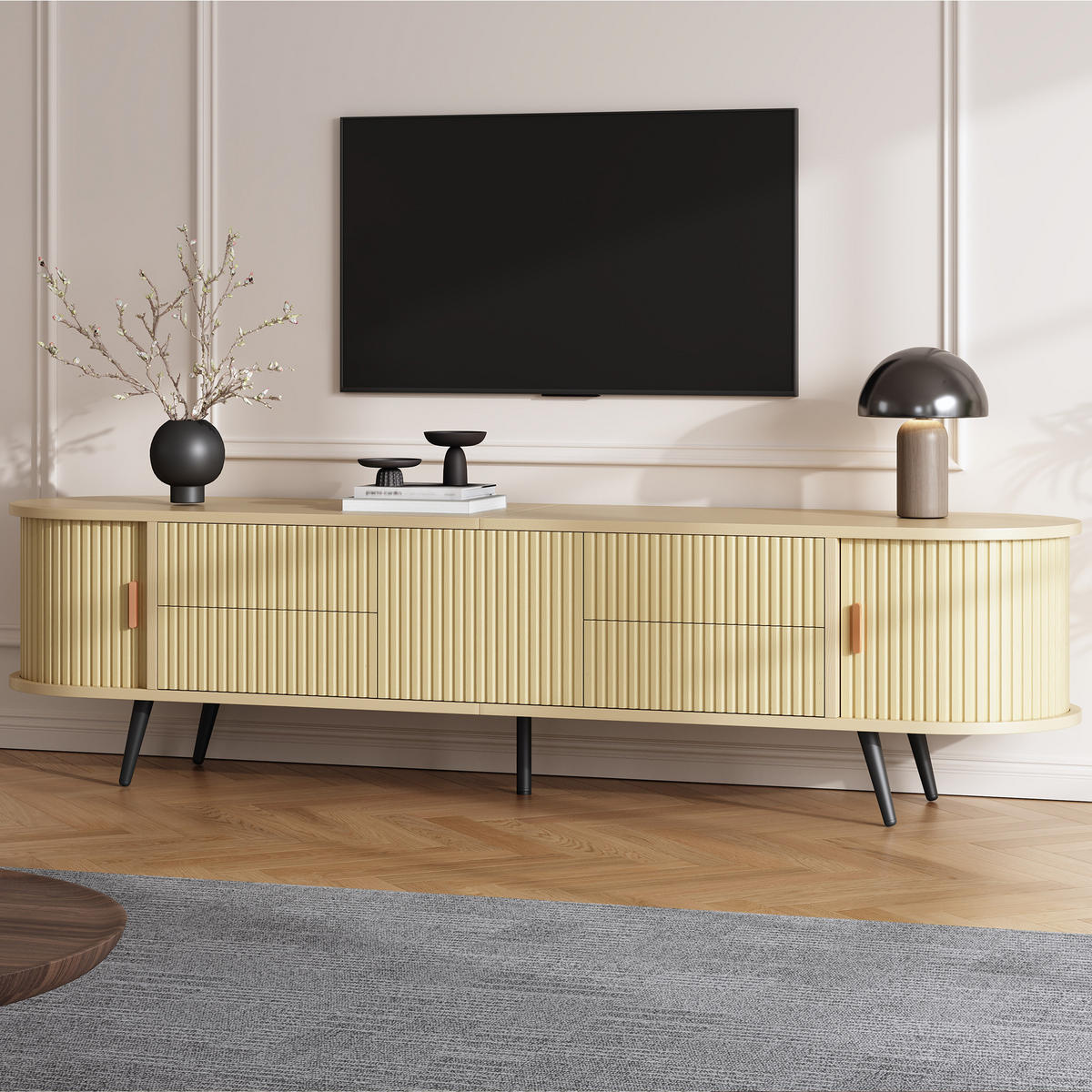 LOWBOARD DE-40406 4 Schubladen mit Rolltür und Streifen-Design Holzfarbe - Naturfarben, Holzwerkstoff (180/45/40cm) - ComfortXL