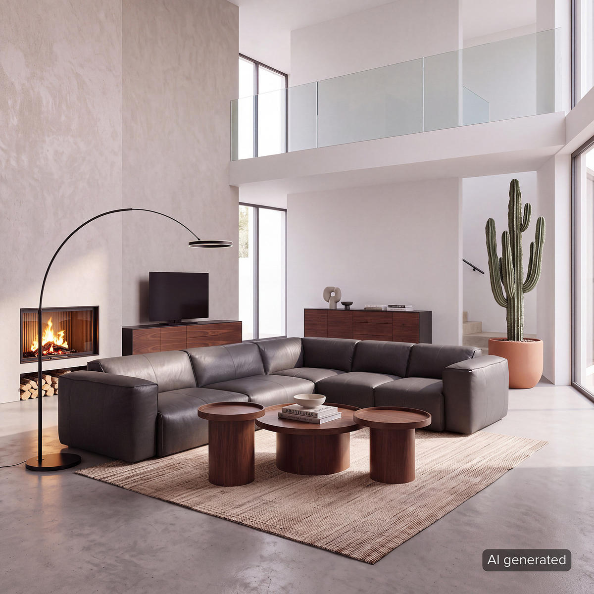 ECKSOFA mit Rundecke - Schwarz/Grau, Leder/Kunststoff (325/260cm) - home24
