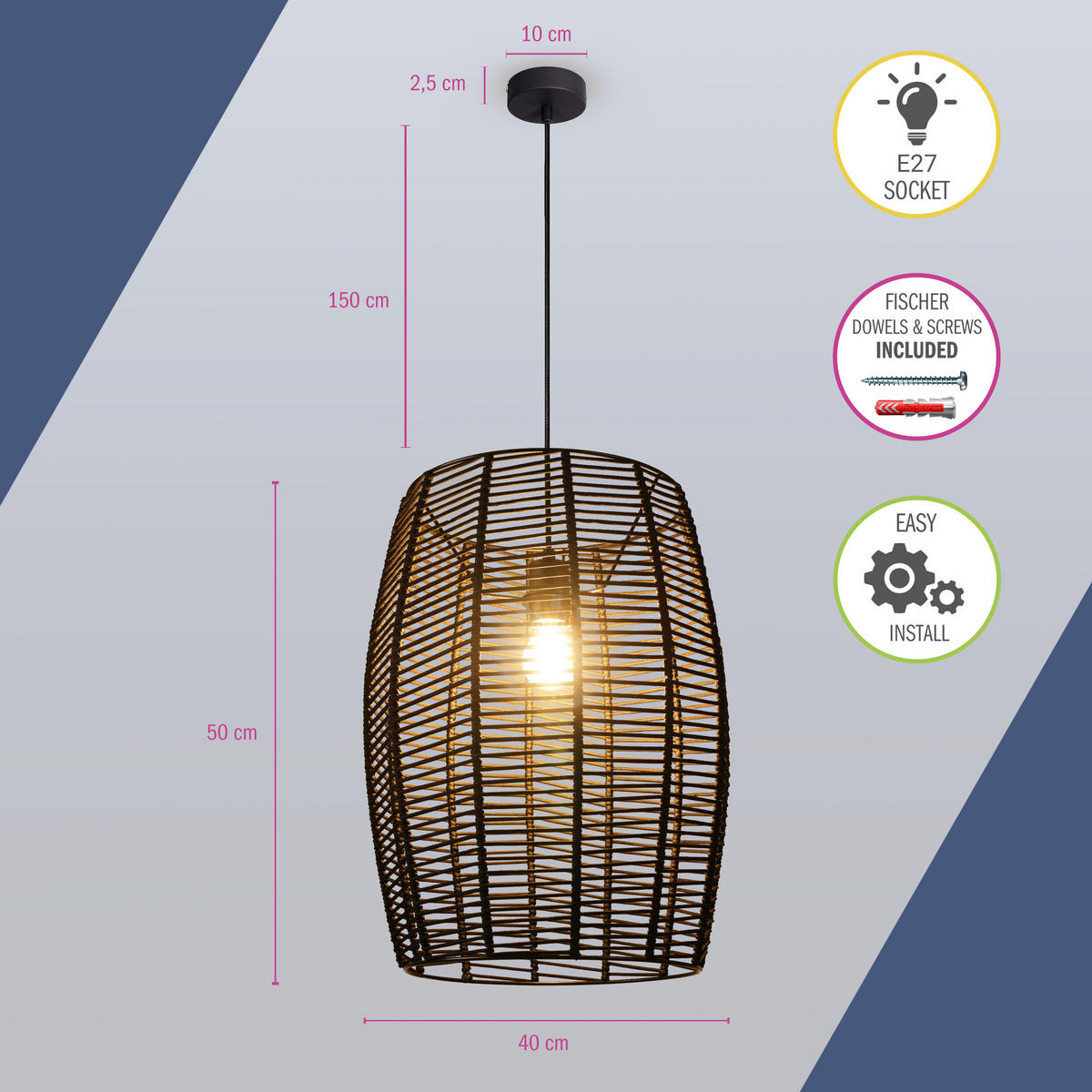 PENDELLEUCHTE Hugo Miloza - Schwarz, Metall (40/40/50cm) - Paco Home