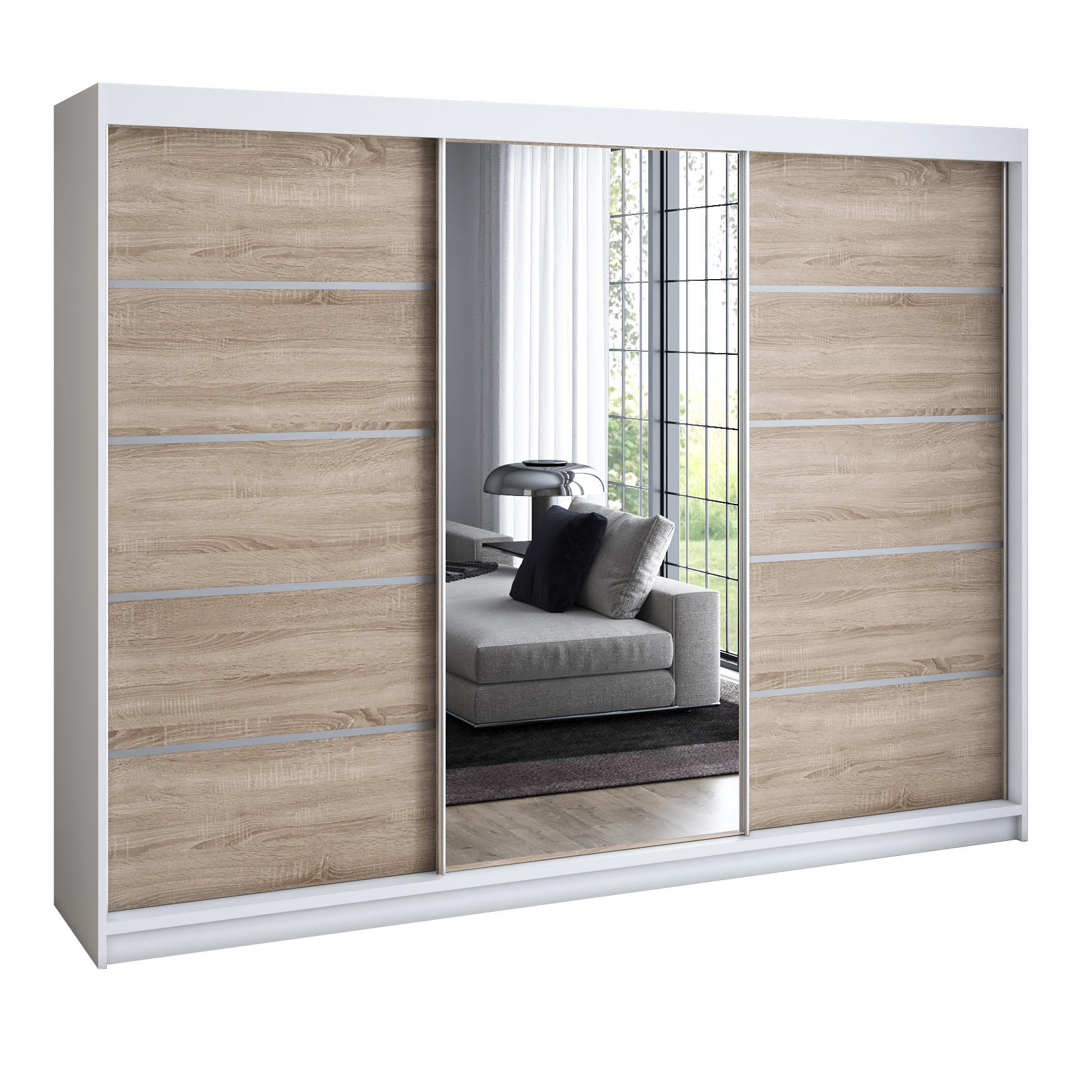 A&J MöbelLand Schwebetürenschrank Weiß, Sonoma Eiche 200x215x59.5 cm