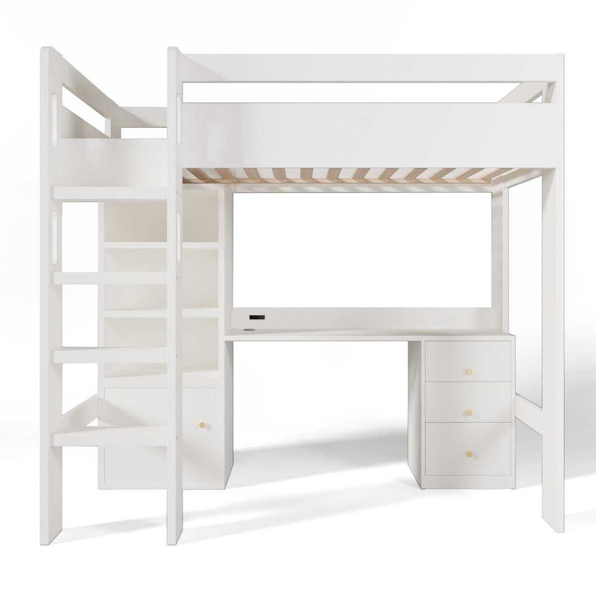 HOCHBETT 90/200 cm in Weiß mit Schreibtisch, Stauraum und USB- und Type-C-Anschlüssen - Weiß, Holzwerkstoff (90/200cm) - Flora Grace