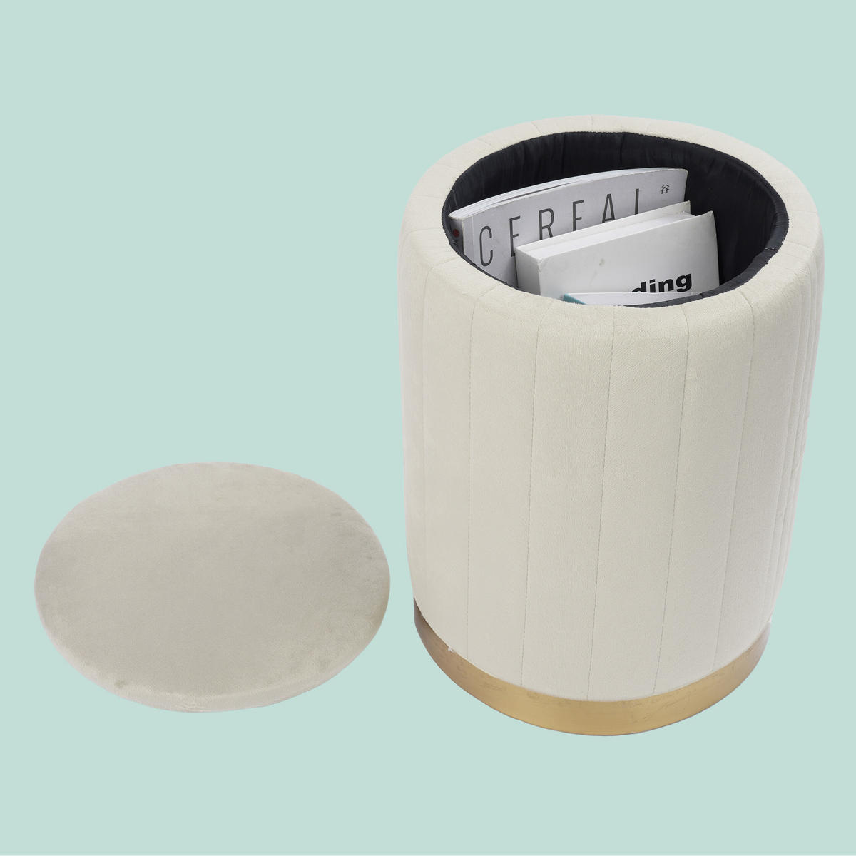 HOCKER Beige Samt mit Stauraum Metallfuß Gold - Beige, Holzwerkstoff/Textil (32/42/32cm) - Relaxdays
