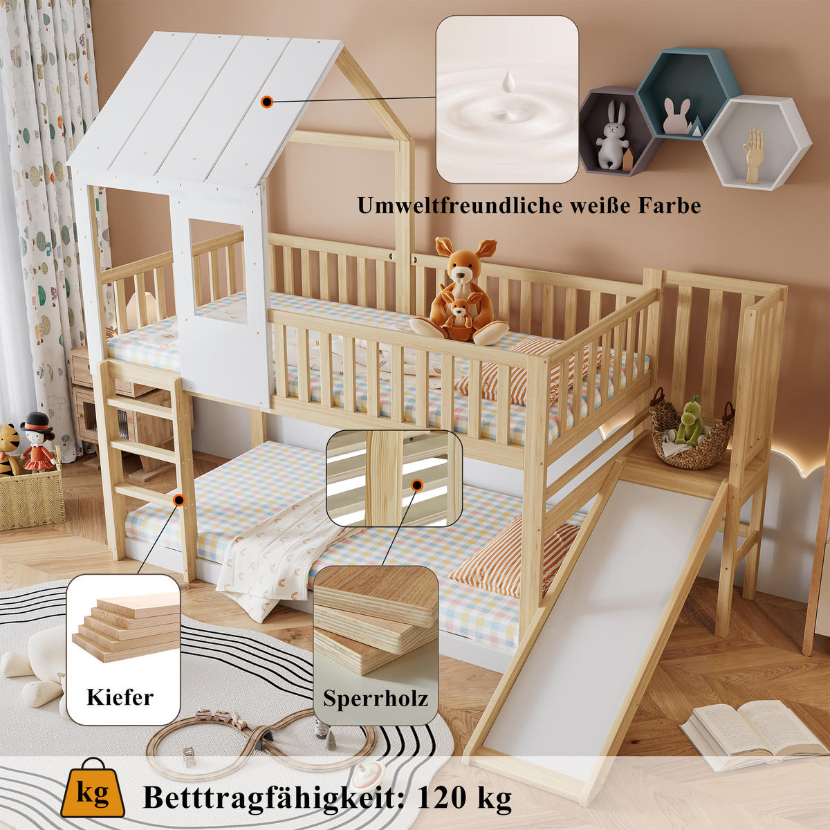 ETAGENBETT 90/200 cm in Natur & Weiß Hausbett mit Rutsche, Dach, Fenster und Leiter - Weiß/Naturfarben, Holzwerkstoff (90/200cm) - STILVORA
