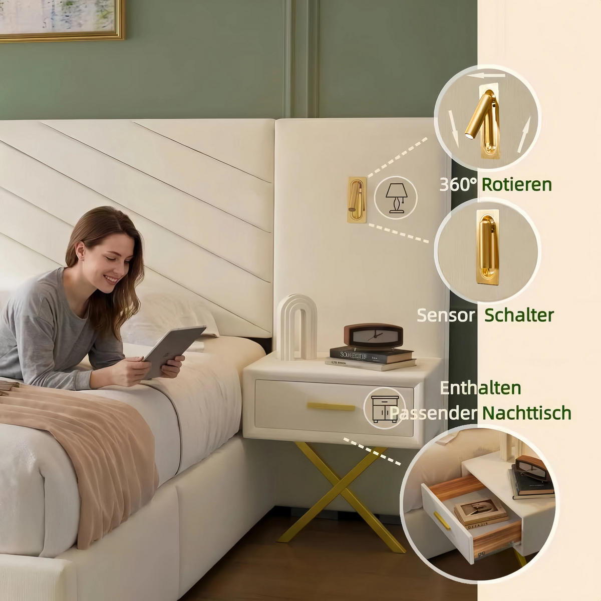 POLSTERBETT 160/200 cm Beige-Weiß mit 2 Bettbänke und 2 LED-Leuchten - Weiß, Holz (160/200cm) - Oxeza