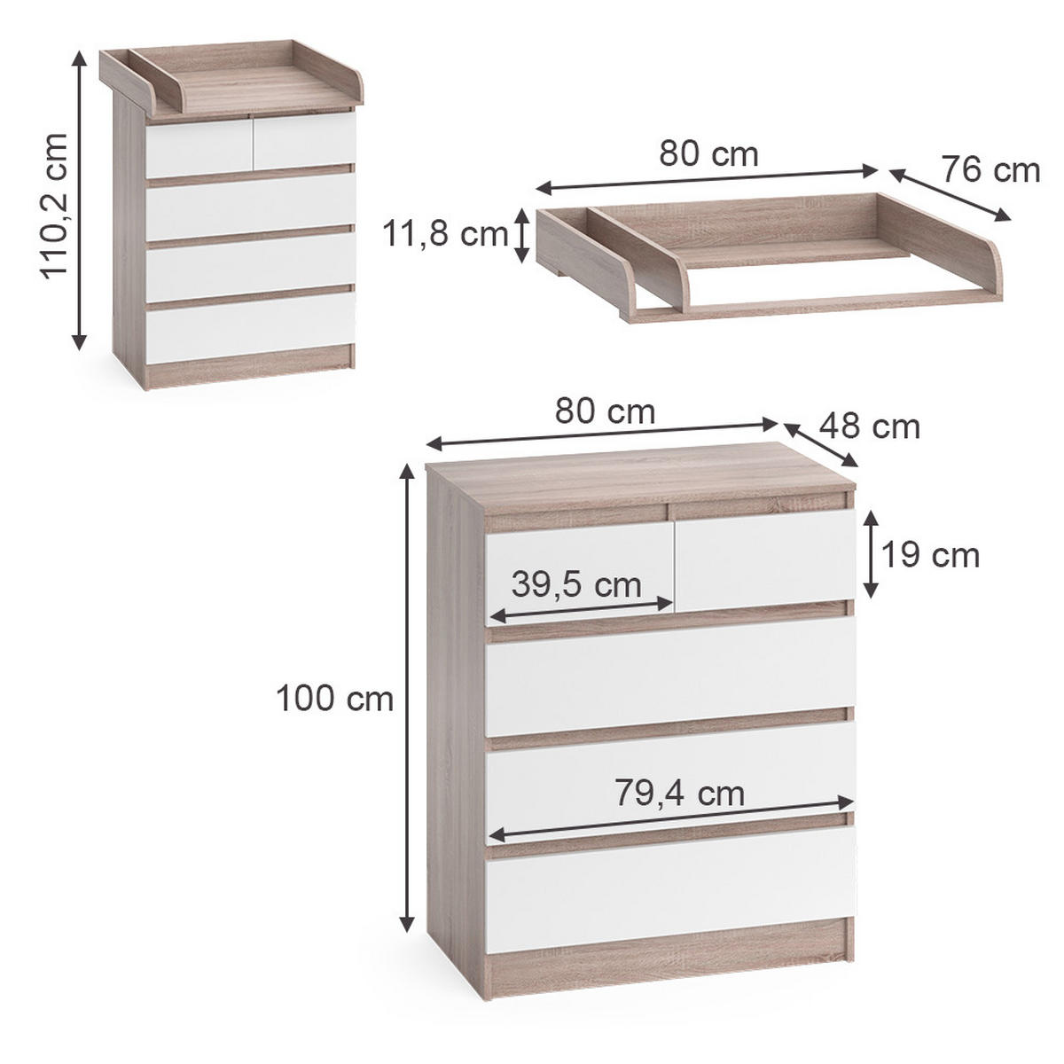 WICKELKOMMODE Emma Sonoma/Weiß 80 x 110.2 cm mit 5 Schubladen - Sonoma Eiche, Holzwerkstoff (80/110.2/76cm) - Vicco