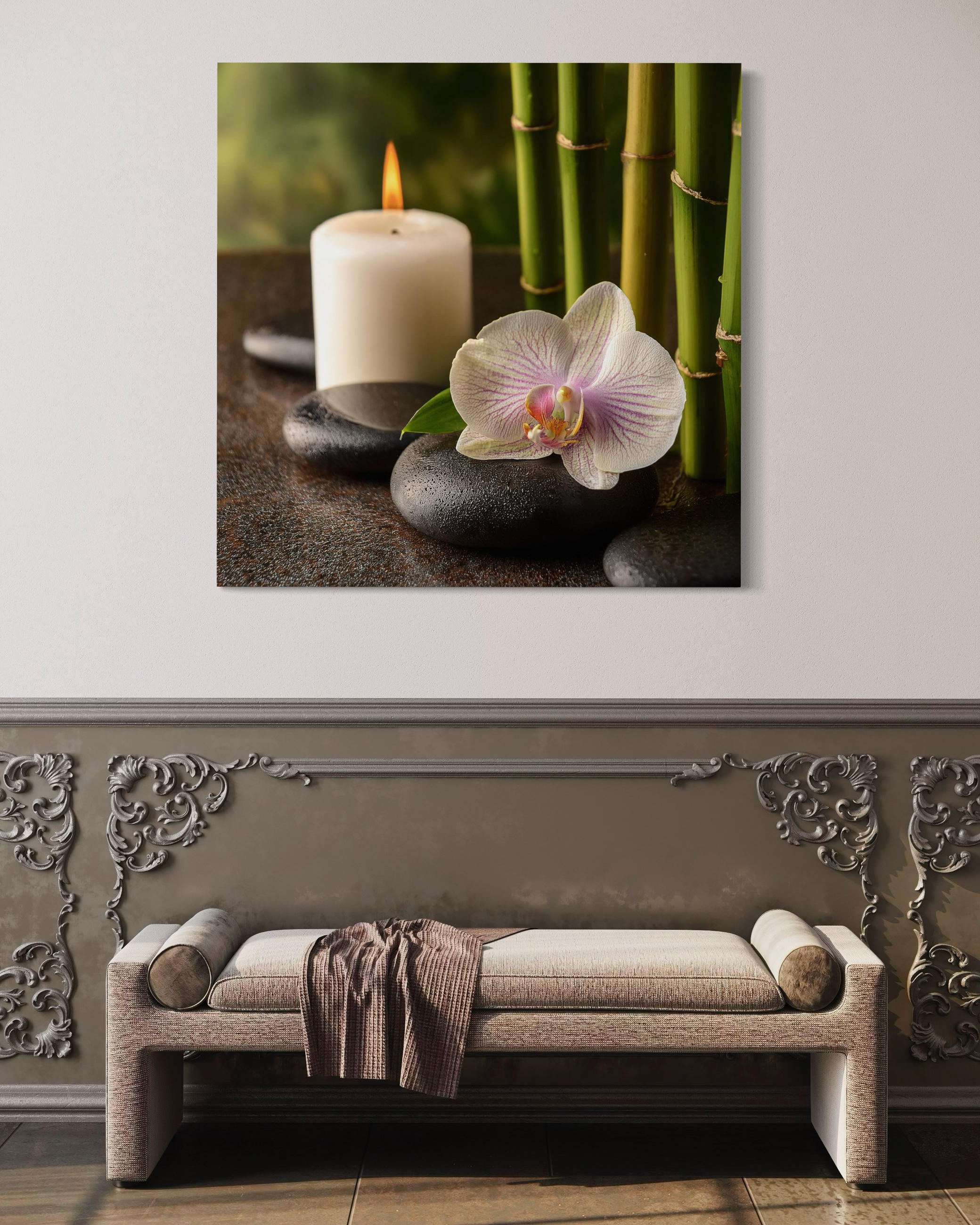 WANDBILD steine bambus orientalisch - Grün, Textil (50/50cm) - Feeby