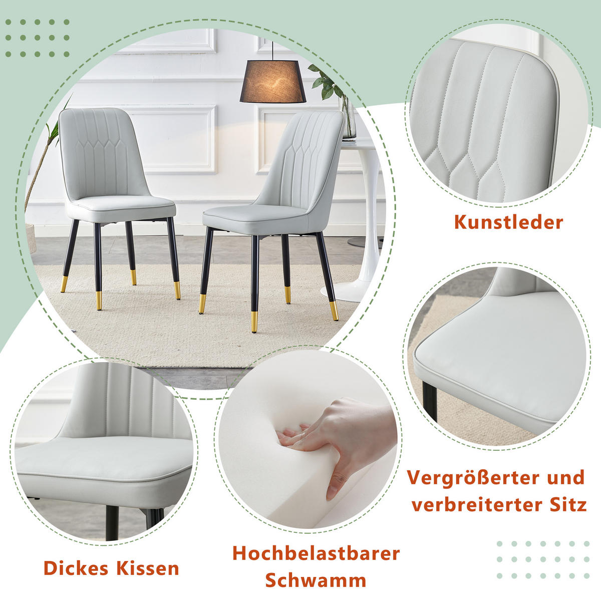 STUHL-SET DE-36511 2 Stück mit PU-Bezug und Metallbeinen Hellgrau - Hellgrau, Metall (41.5/89/43cm) - ComfortXL