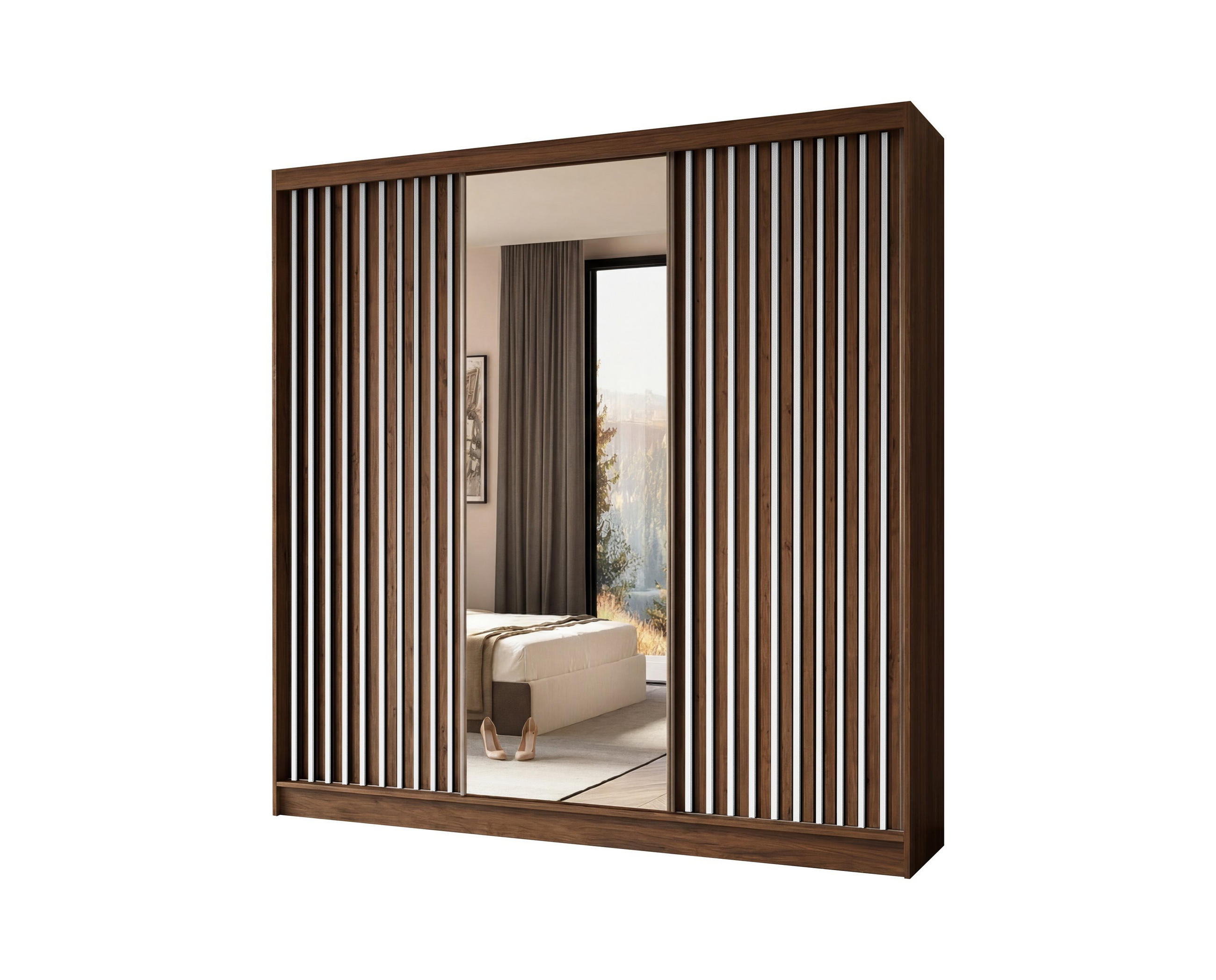 SCHWEBETÜRENSCHRANK LAMELLO 240/216/61 cm Modern Kleiderschrank 3-türig mit Spiegel Nussbaumfarben - Nussbaumfarben, Holzwerkstoff (240/216/61cm) - MASSENO