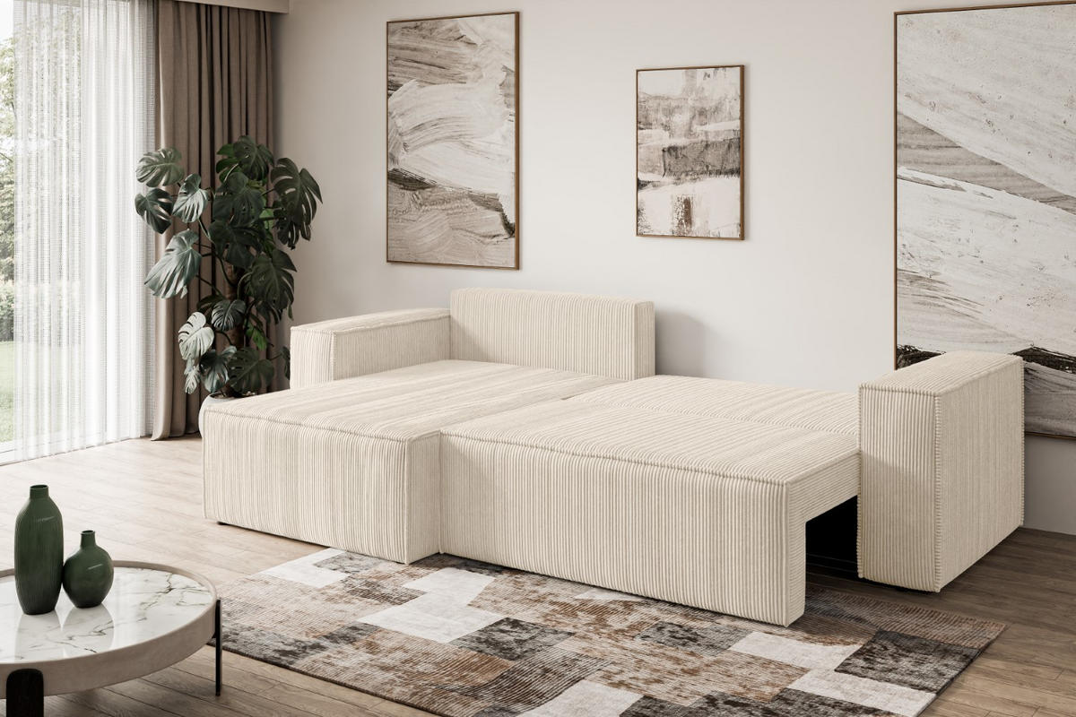 ECKSOFA mit Schlaffunktion und Bettkasten CELTIC-XL - 277x143x83 cm Beige Cord - Beige/Schwarz, Holzwerkstoff/Kunststoff (277/143cm) - ALTDECOR