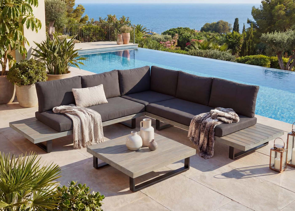 GARTEN-GARNITUR Schwarz, Grau - Schwarz/Grau, Holz - MCW