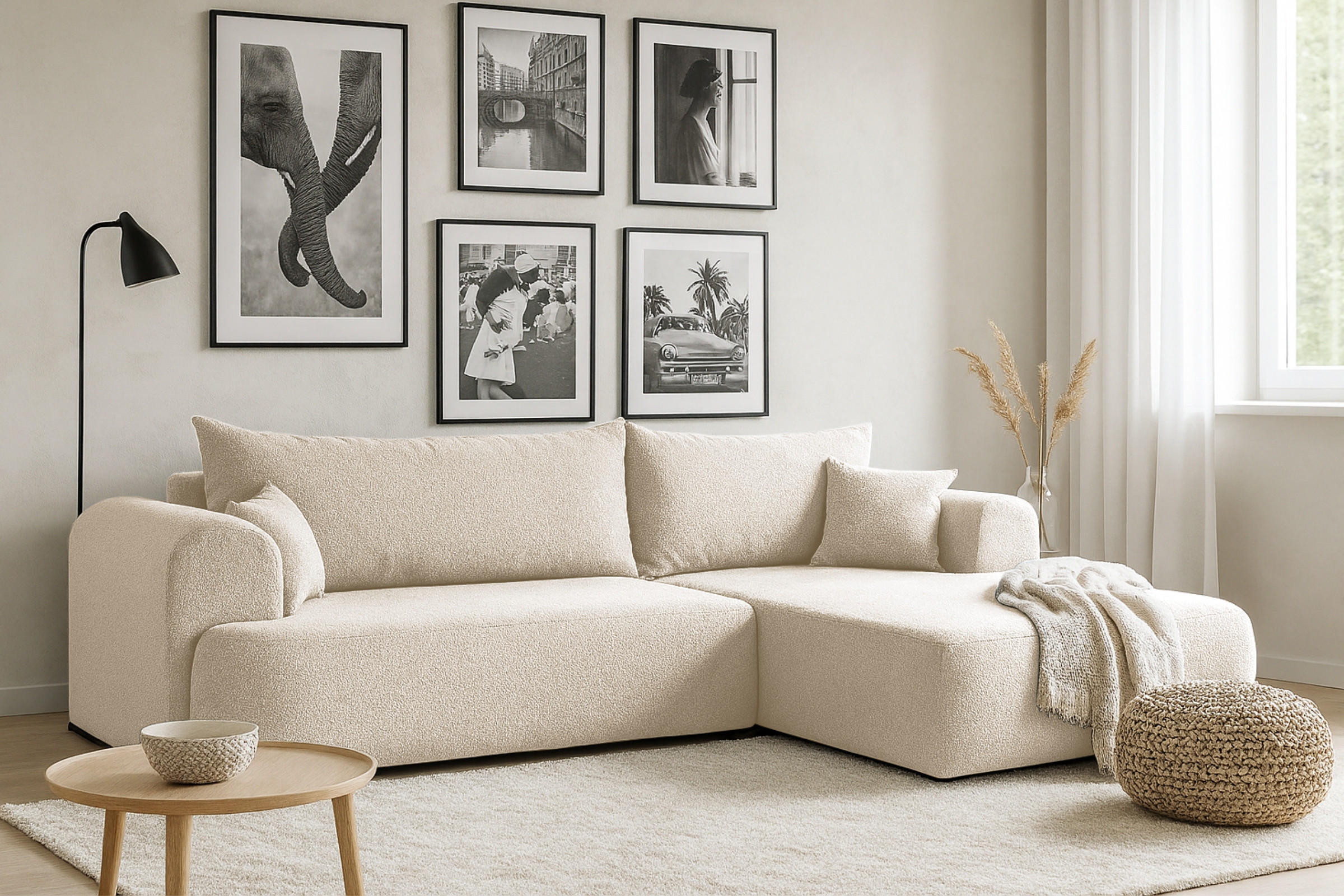 ECKSOFA BRAVO 280/180 in Bouclé Creme rechts - Creme, Holz/Holzwerkstoff (280/180cm) - Deine Möbel 24