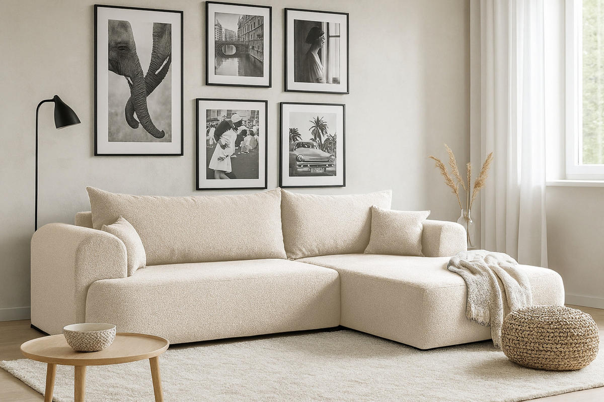 ECKSOFA BRAVO 280/180 in Bouclé Creme rechts - Creme, Holz/Holzwerkstoff (280/180cm) - Deine Möbel 24