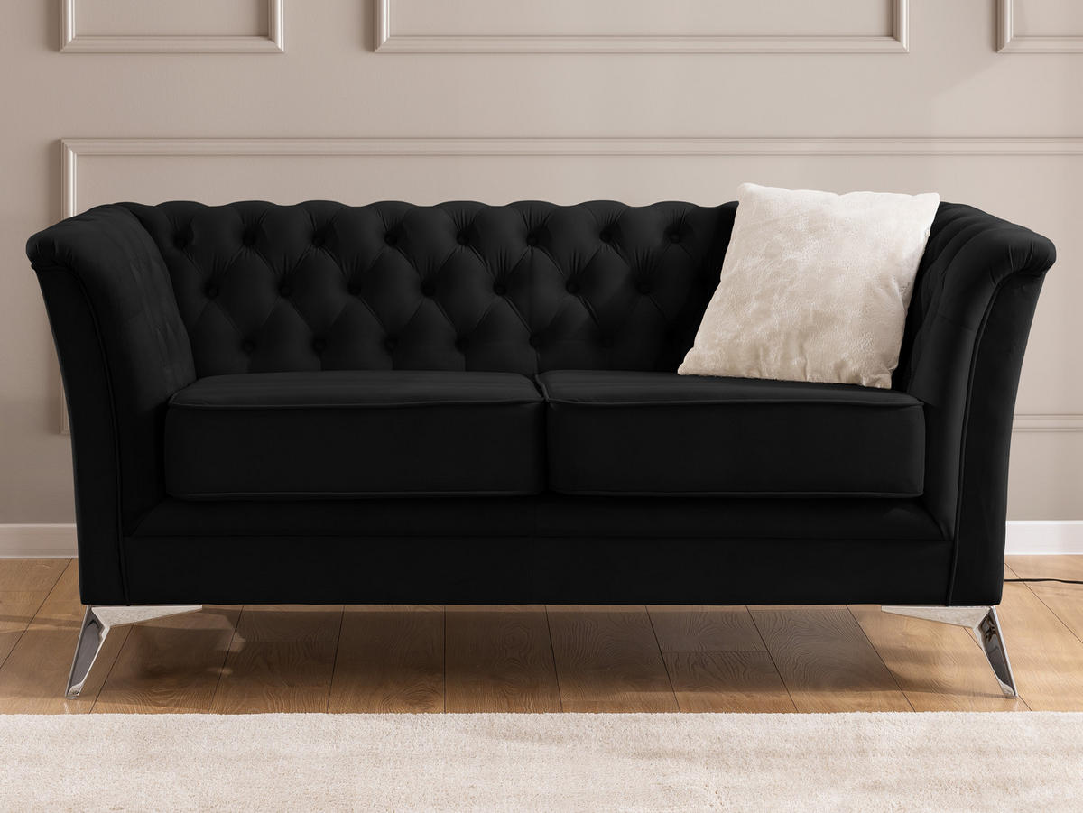 SITZGARNITUR 2+1 Chesterfield Whitby Schwarz Samt mit silbernen Füßen - Silberfarben/Schwarz, Holz/Textil (175/78/82cm) - S-Style Möbel