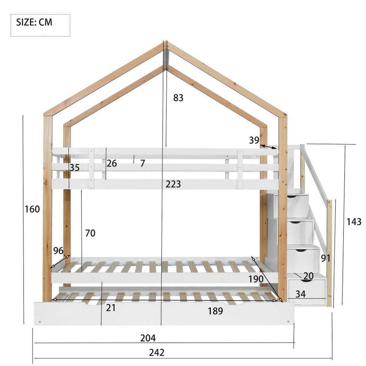 HAUSEBETT 90/200 cm mit Schiebebett in Natur und Weiß - Naturfarben, Holz (90/200cm) - KOMHTOM