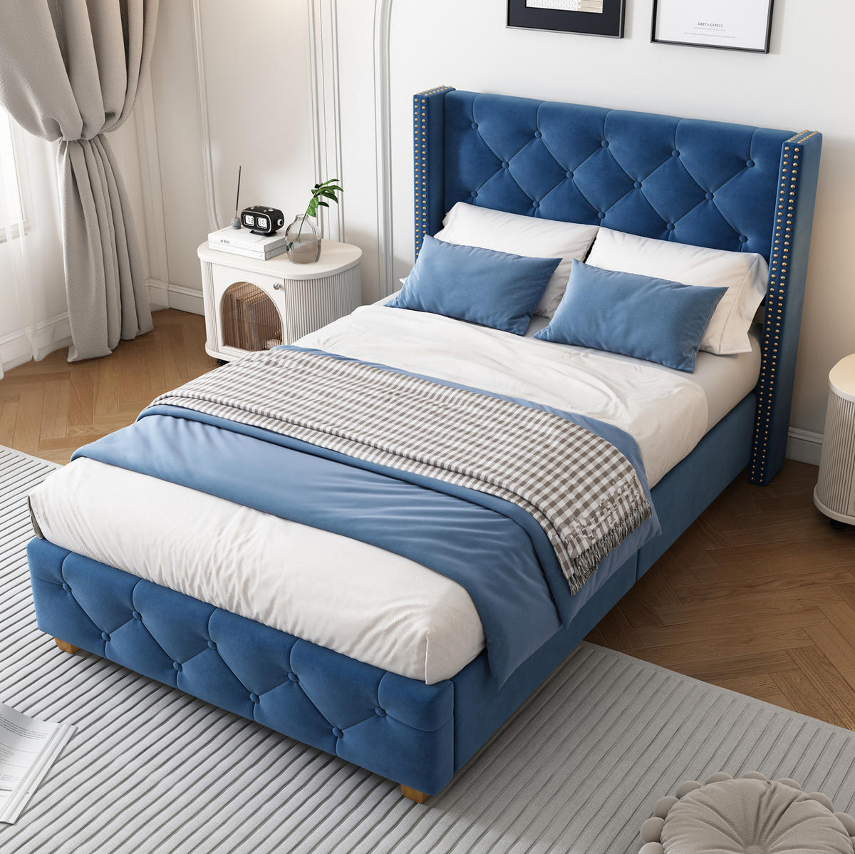 BETT mit Lattenrost 90x200 cm Samt Blau - Blau, Metall (90/200cm) - Meubliv