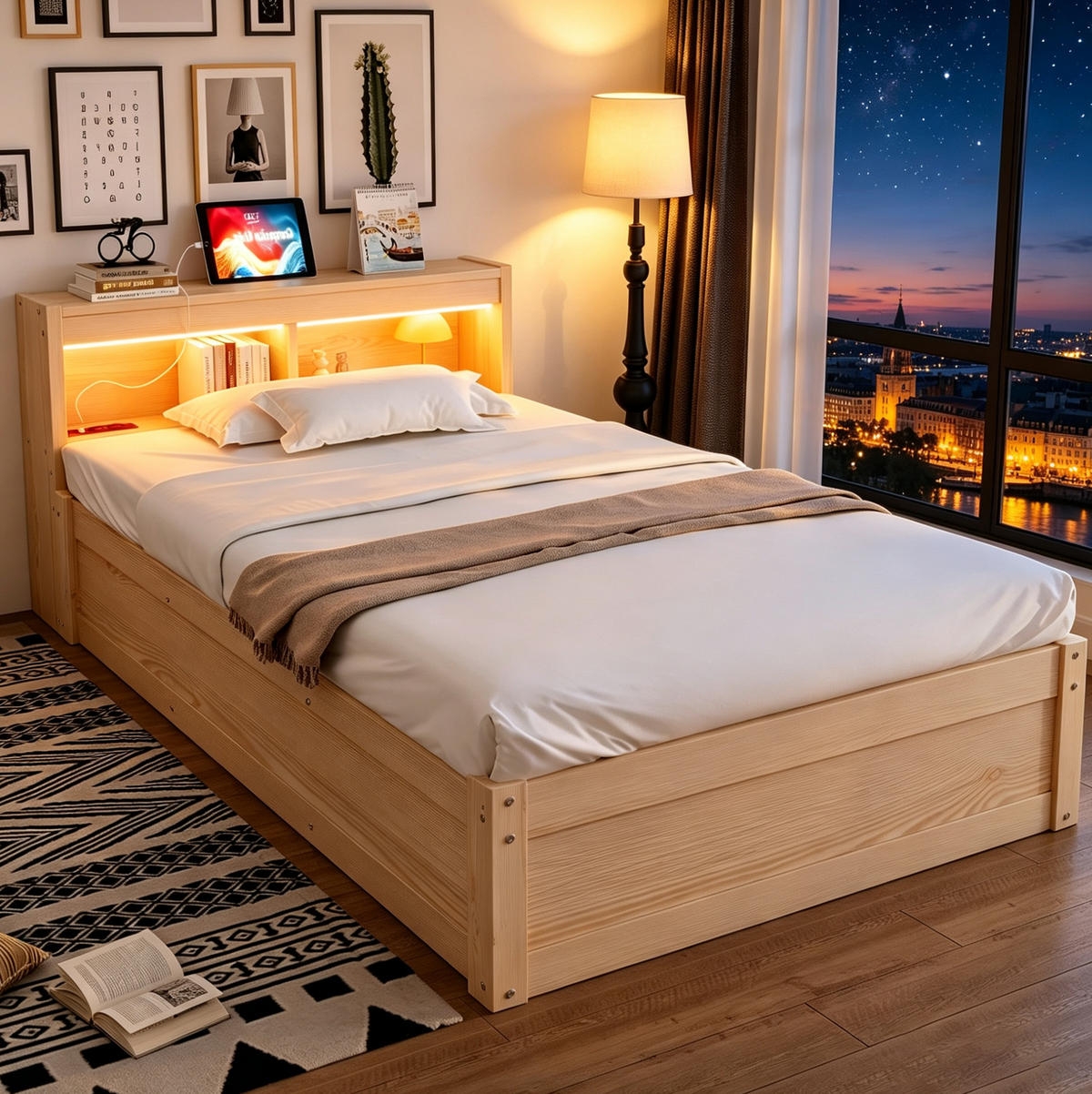 POSTEĽ 90/200 cm s LED osvetlením, zásuvkou a úložným priestorom, dekor drevo - prírodná farba, kompozitné drevo (90/200cm) - Flora Grace