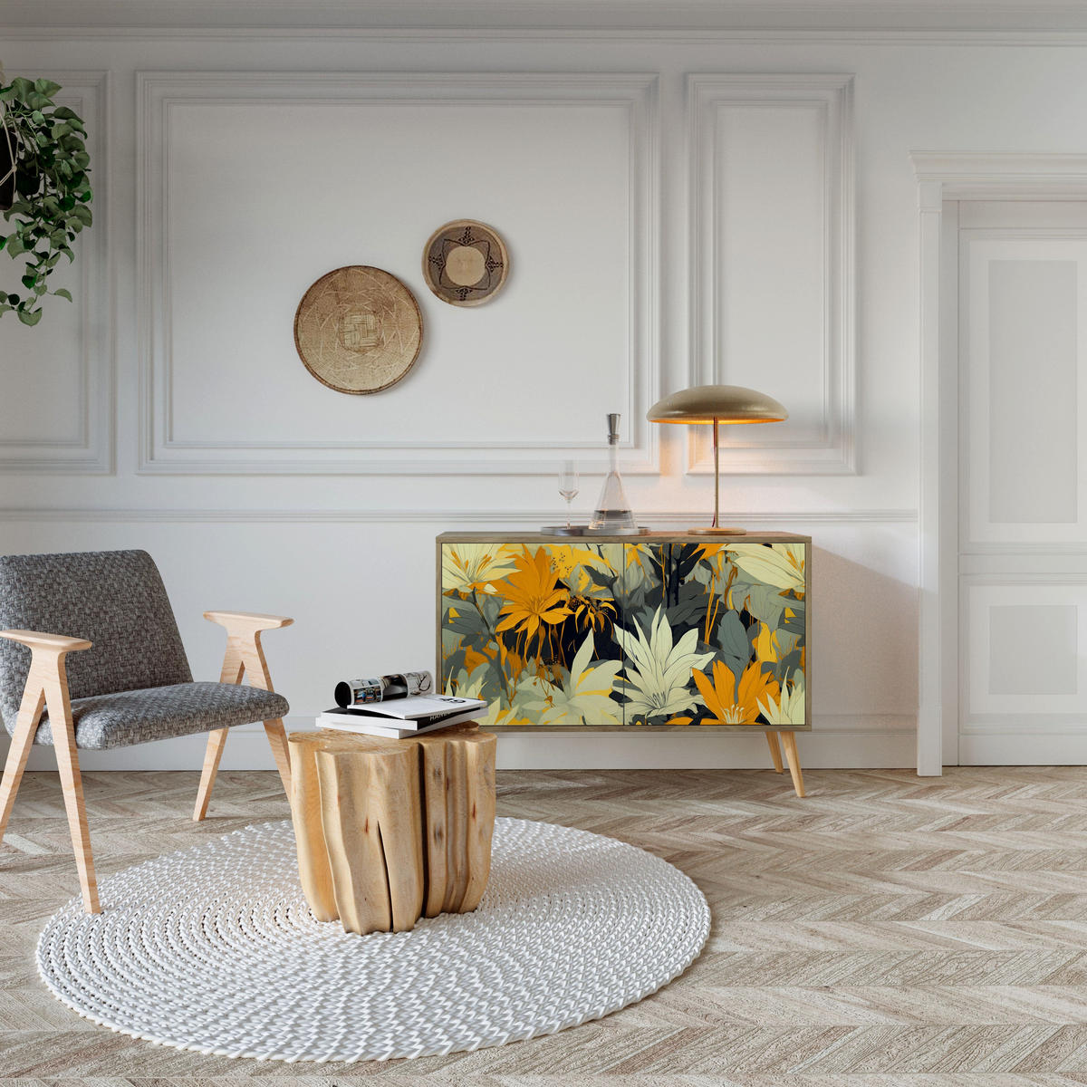 SIDEBOARD SUNKISSED LILY, Eicheneffekt, 111x42x77,5 cm, 2 Türen - Eichefarben/Buchefarben, Holzwerkstoff/Buchenholz (111/77.5/42cm) - SpaceRebels
