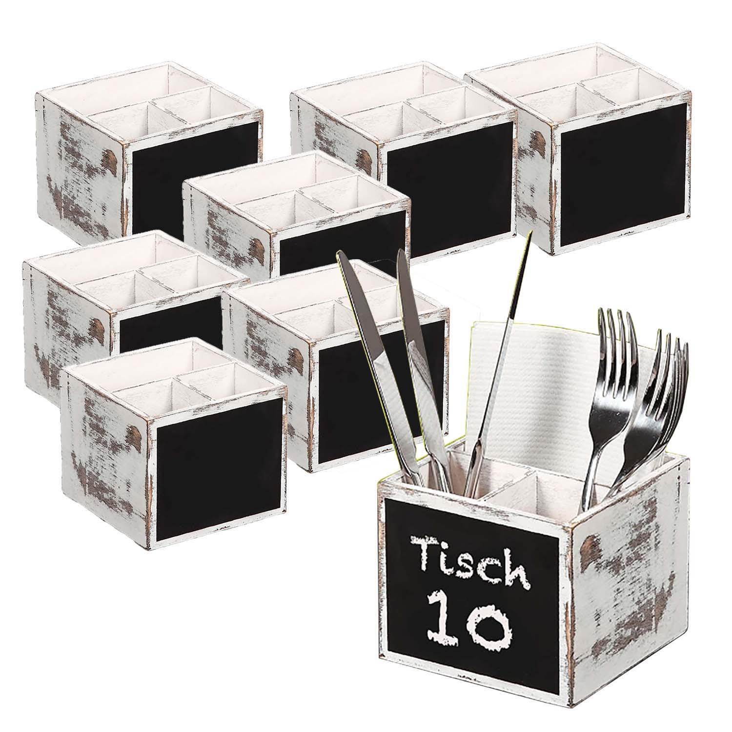 BESTECKBOX, 8 Stück, 3-fach Einteilung & Kreidetafel - Pappelholz - weiß rustikal - Weiß, Holz (12/10/12cm) - Kesper