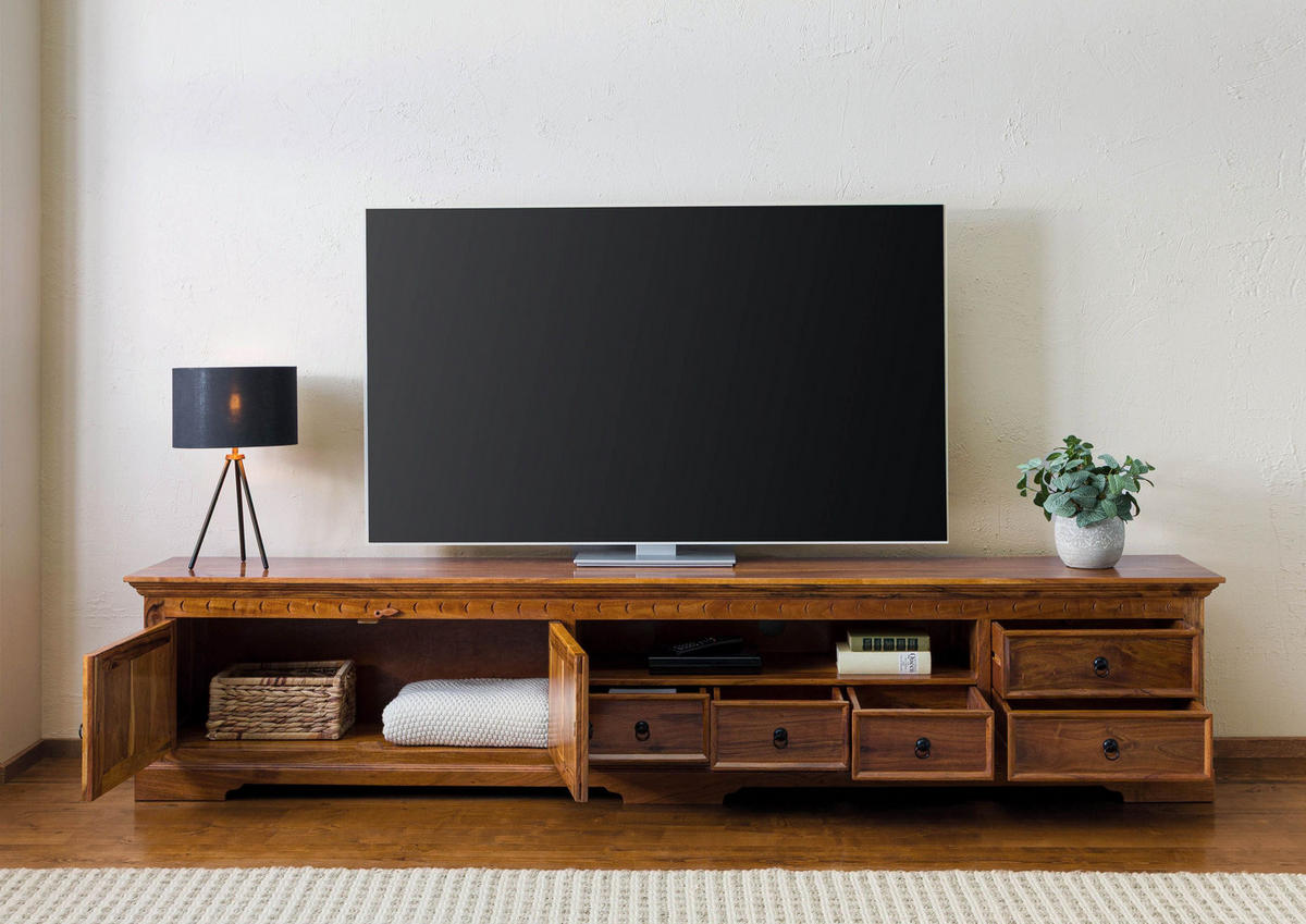 TV-BOARD Akazie 260x40x55 honig lackiert OXFORD #01018 - Braun, Holz (260/55/40cm) - Massivmoebel24