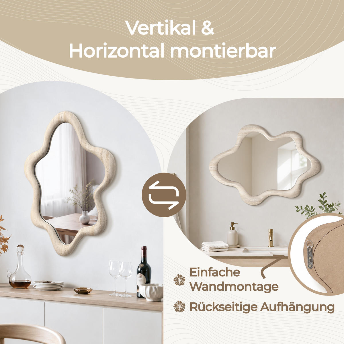 SPIEGEL Asymmetrischer mit Holzrahmen 70×50 cm - Beige, Glas/Holz (50.5/4.5/70cm)
