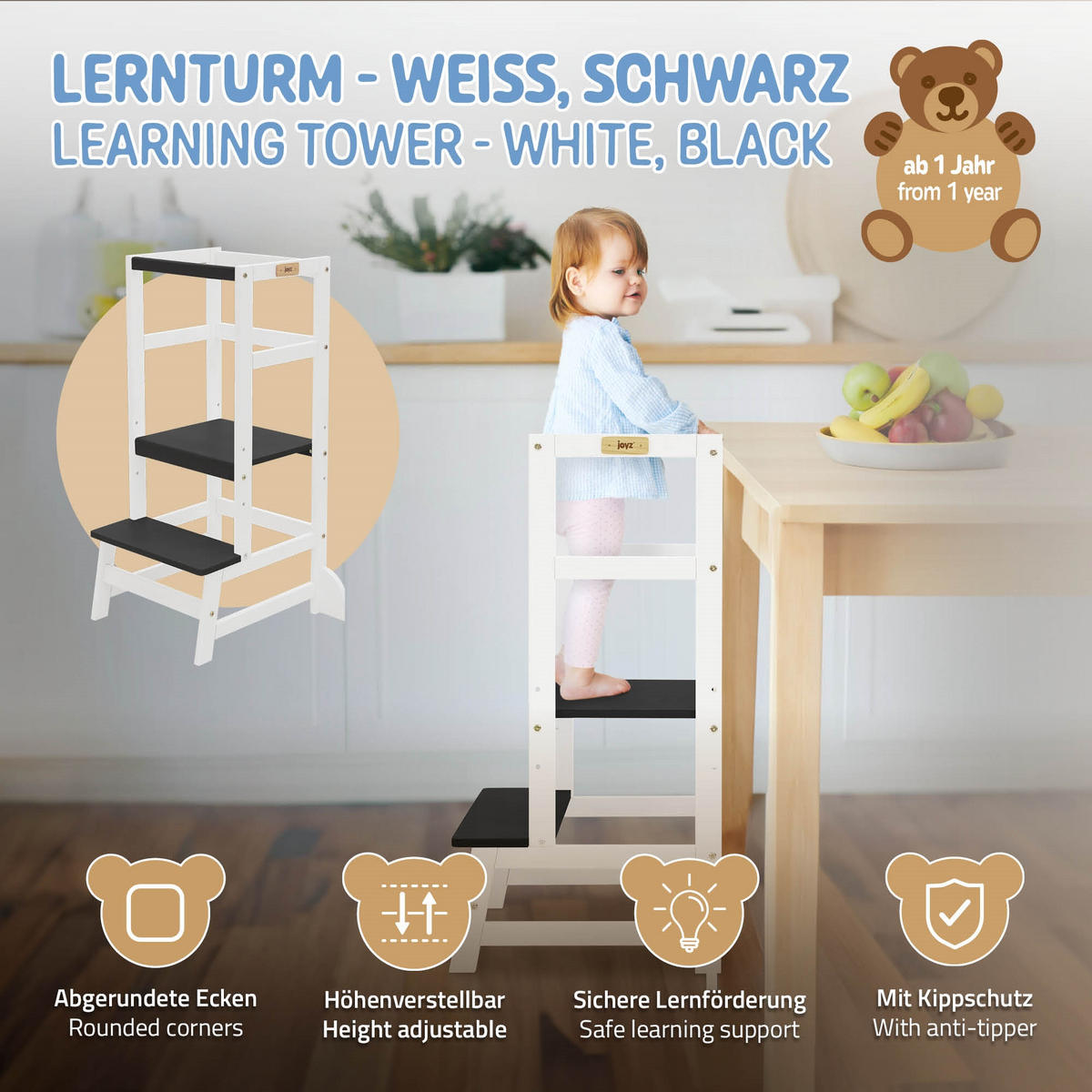 LERNTURM rechteckig Schwarz 54/44/90 cm - Grau, Holz (54/90/44cm) - Joyz