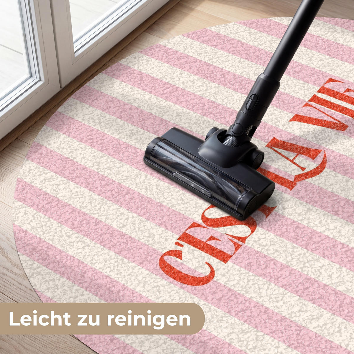FUSSMATTE Zartrosa – Rot – Streifen – C'est La Vie 120x120 cm - Rosa, Kunststoff (120/0.4cm) - MuchoWow