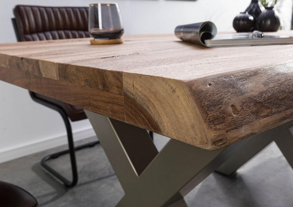 BAUMTISCH Sheesham 140x90x77 natur sandgestrahlt / X-Beine silber matt FREEFORM 5 - Silberfarben/Naturfarben, Holz (140/90/77cm) - Massivmoebel24