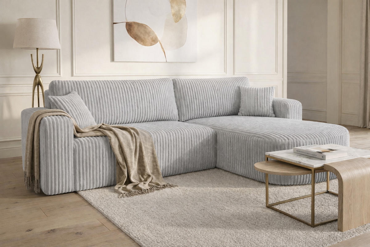 ECKSOFA Mit Schlaffunktion, Cordstoff Tilia, Grau, Rechts, ROUND ONE XL - Grau, Holz (271/175cm) - Kaiser Möbel