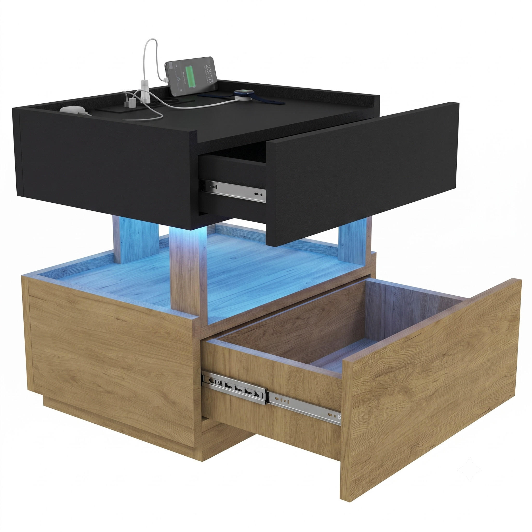 NACHTTISCH mit LED, Nachtkonsole mit Steckdose und USB, 50x40x50 cm - Schwarz, Holzwerkstoff (50/50/40cm) - LVHOM