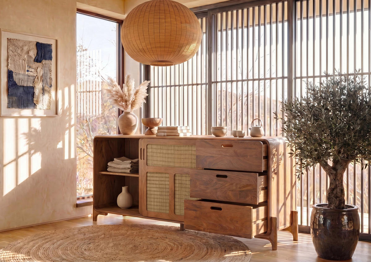 SIDEBOARD Mango/Seegras 200x40x80 hellbraun lackiert MIZUMI #101 - Braun, Holz (200/80/40cm) - Massivmoebel24