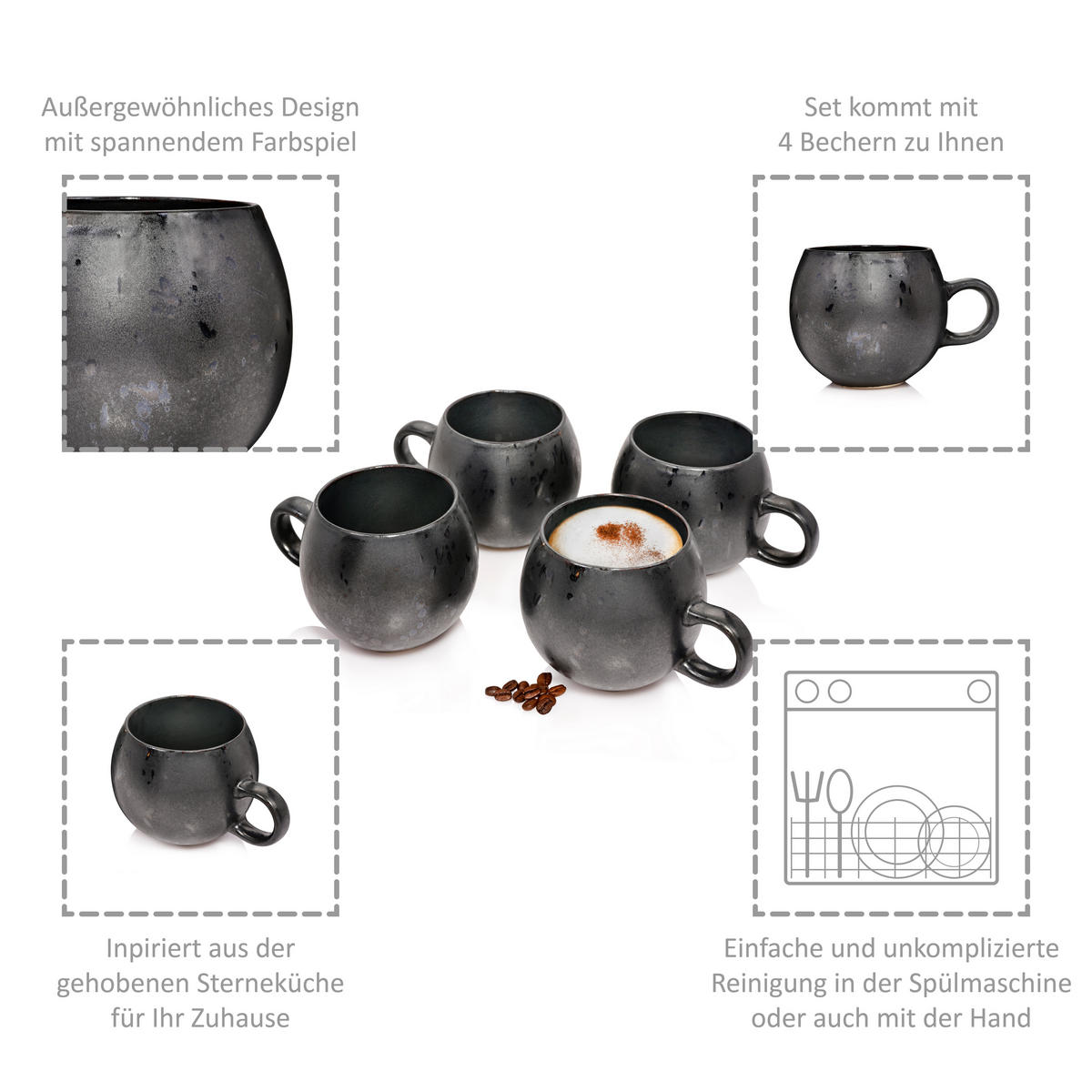 CAPPUCCINOTASSEN SET TOMBEY - 4 teilig aus Steingut - Dunkelgrau, Keramik (0.5L) - Sänger