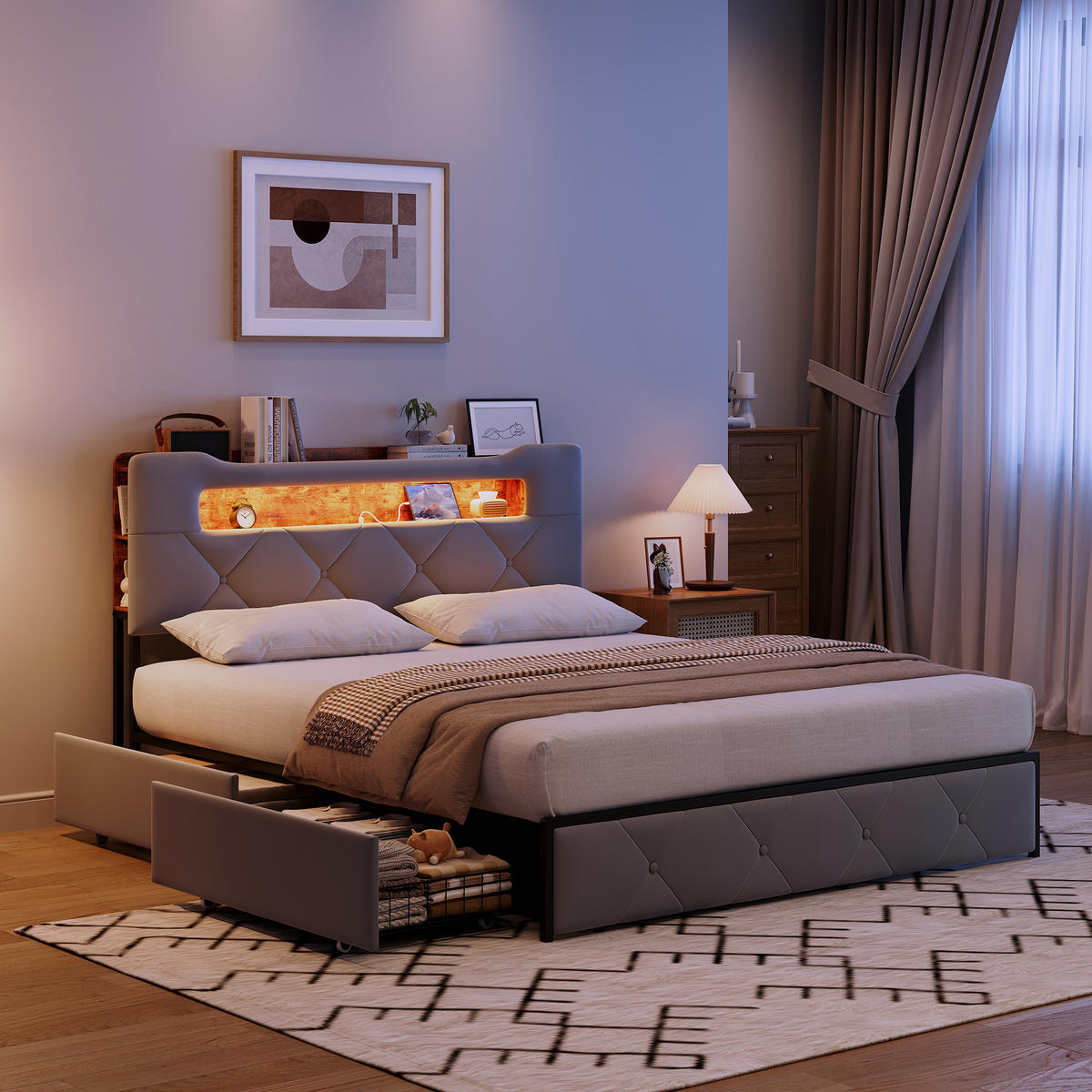 POLSTERBETT 160x200 cm LED USB Schubladen grau - Grau, Holz (160/200cm) - LEBENLANG