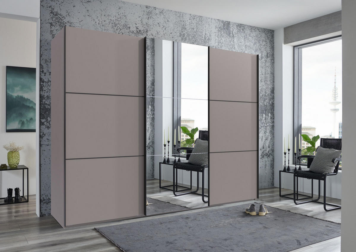 SCHWEBETÜRENSCHRANK 3-türig B300/H216/T65 cm inkl. Vollausstattung in Sand Grau mit Spiegel / 22020 - Sandfarben/Schwarz, Holzwerkstoff/Metall (300/216/65cm) - luma-home
