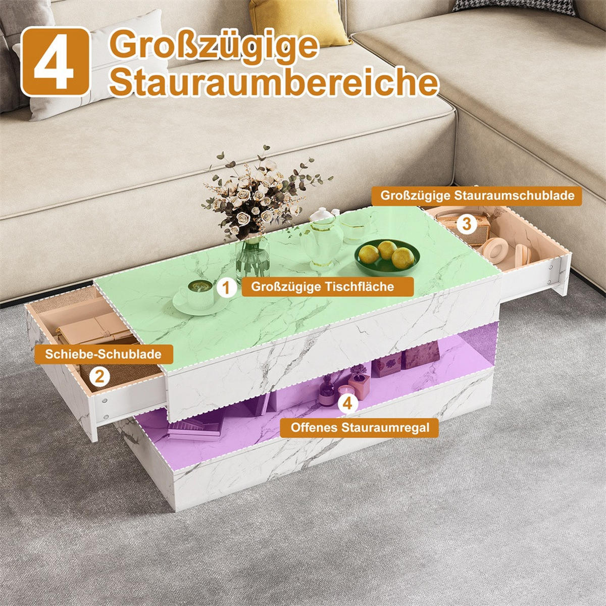 COUCHTISCH mit LED-Beleuchtung - Rechteckiger Couchtisch in Marmoroptik mit 2 Schubladen - Weiß - Weiß, Holzwerkstoff (50/100/45cm) - DELFA