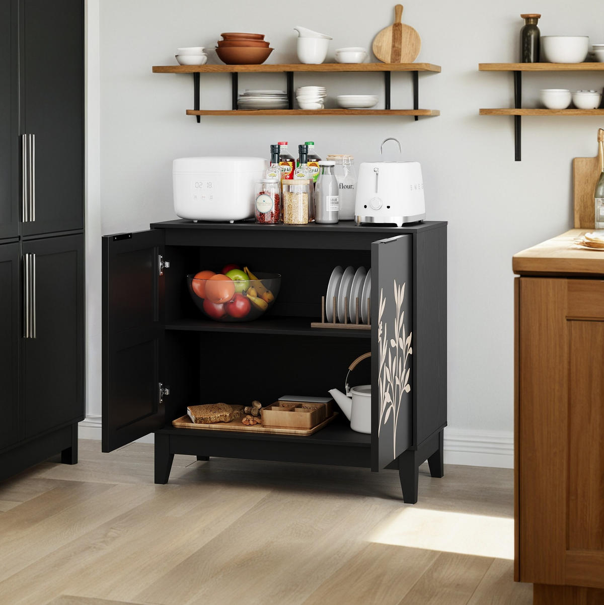 SIDEBOARD mit 2 Türen und verstellbarem Einlegeboden Schwarz - Schwarz, Holzwerkstoff (80/76/38cm) - Meubliv