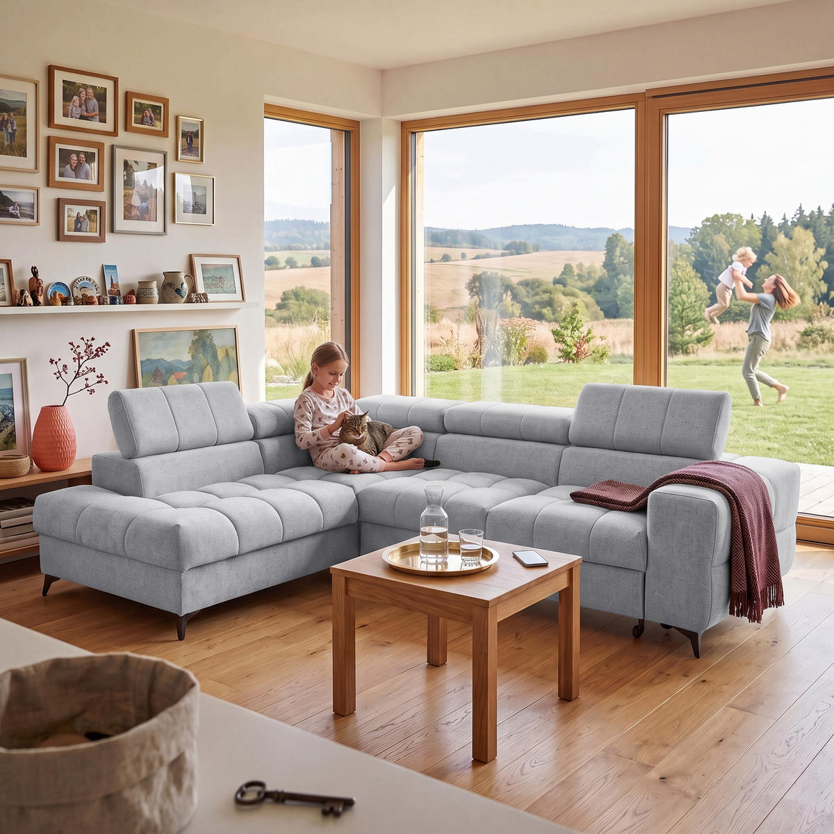 ECKSOFA PUDDING L Links mit Schlaffunktion 125x195 Velours Hellgrau - Hellgrau/Schwarz, Holz/Textil (203/275cm) - Muffo