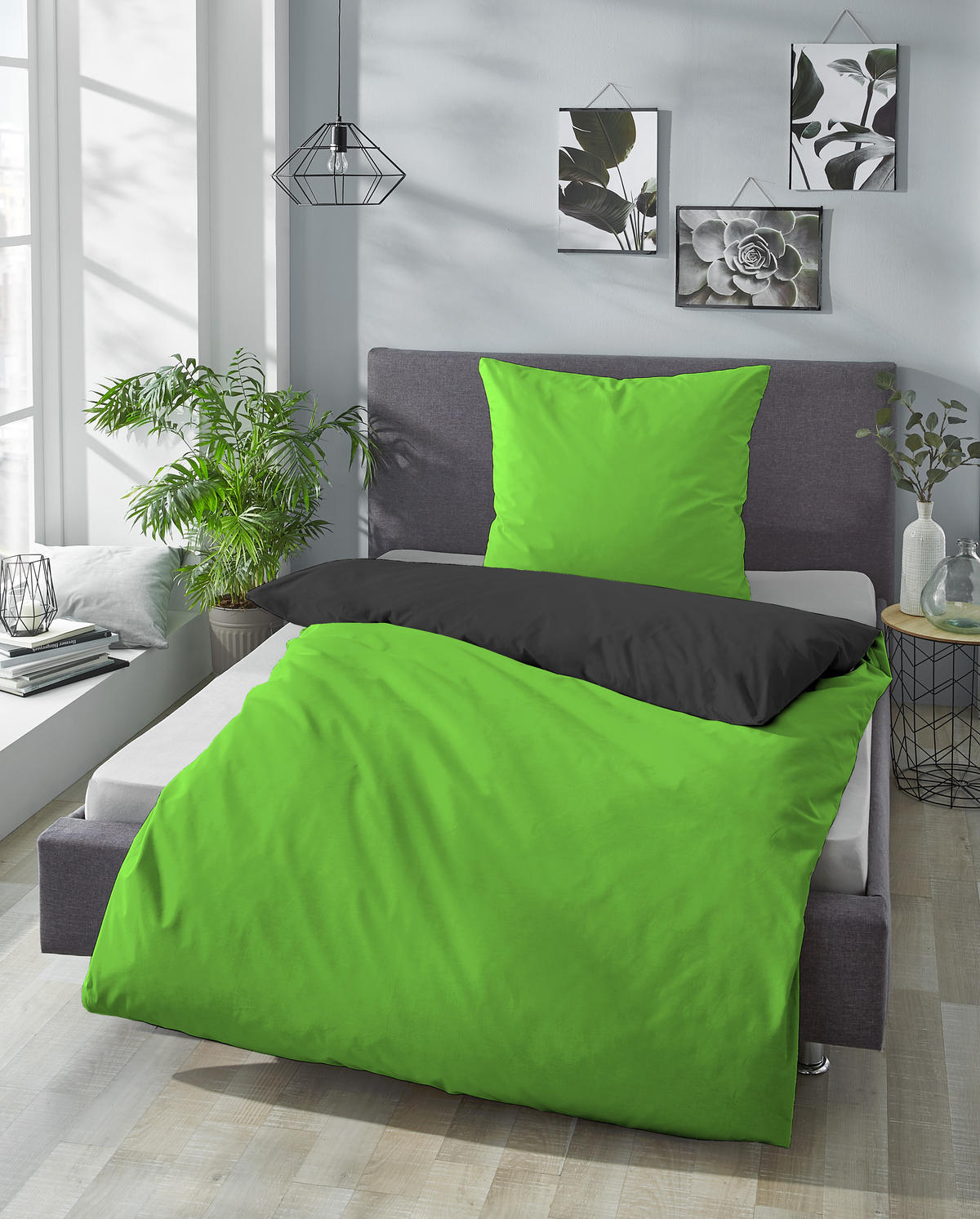 BETTWÄSCHE-GARNITUR Mikrofaser UNI apfelgrün, 200x200 cm + 80x80 cm - Hellgrün, Textil (200/200cm) - Castell