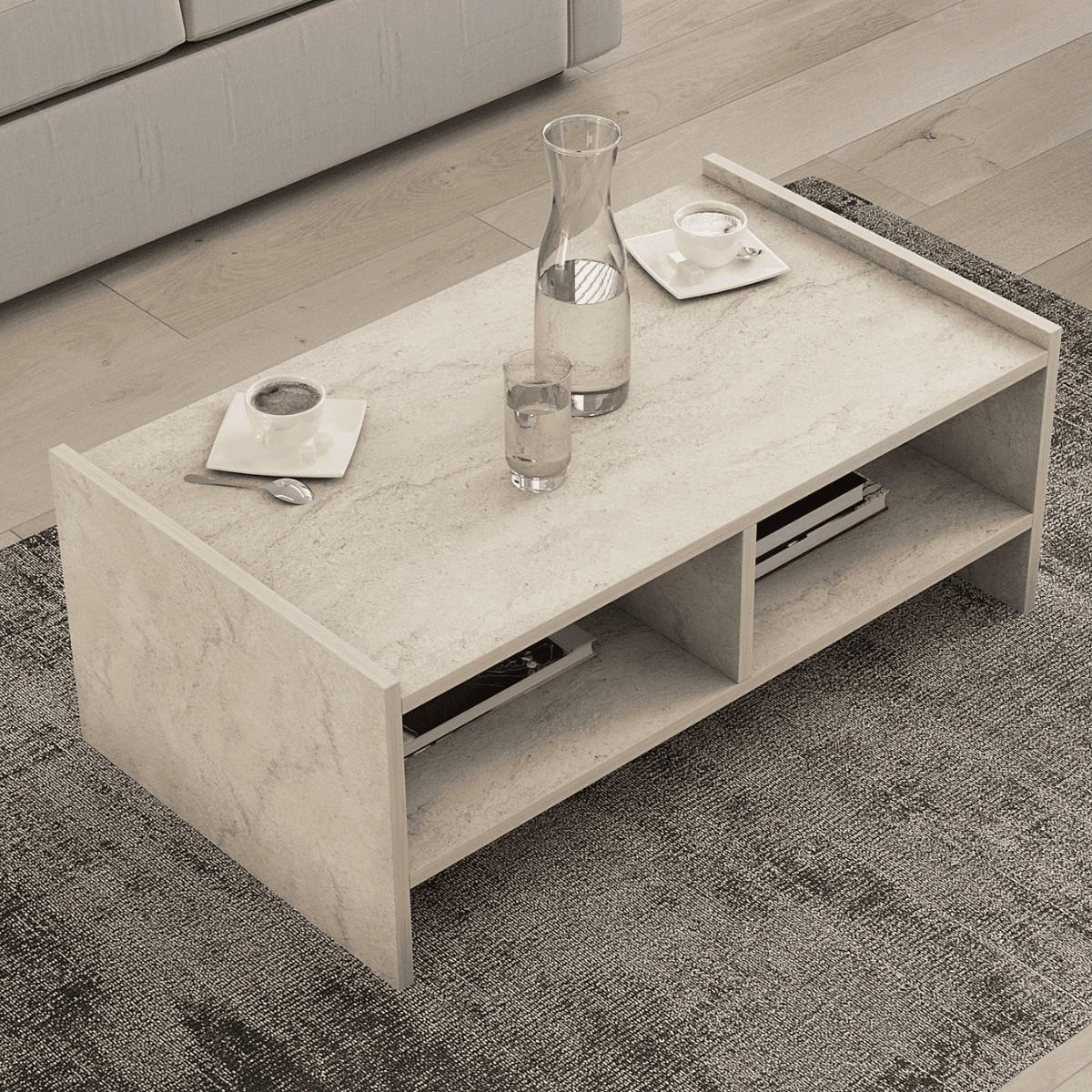 COUCHTISCH mit 2 offenen fächern, travertin-dekor - pera 90/50/35 cm - Beige, Holzwerkstoff (90/50/35cm) - Calicosy