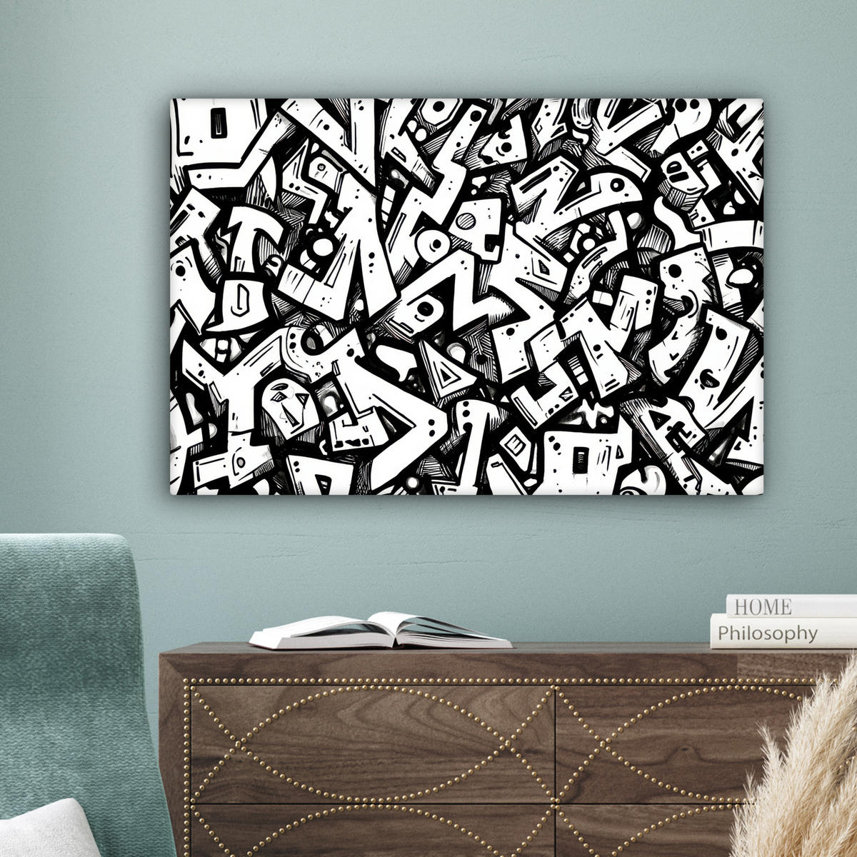 LEINWANDBILD Formen - Buchstaben - Graffiti - Schwarz Wanddeko 90x60 cm - Schwarz, Textil (90/60cm) - MuchoWow