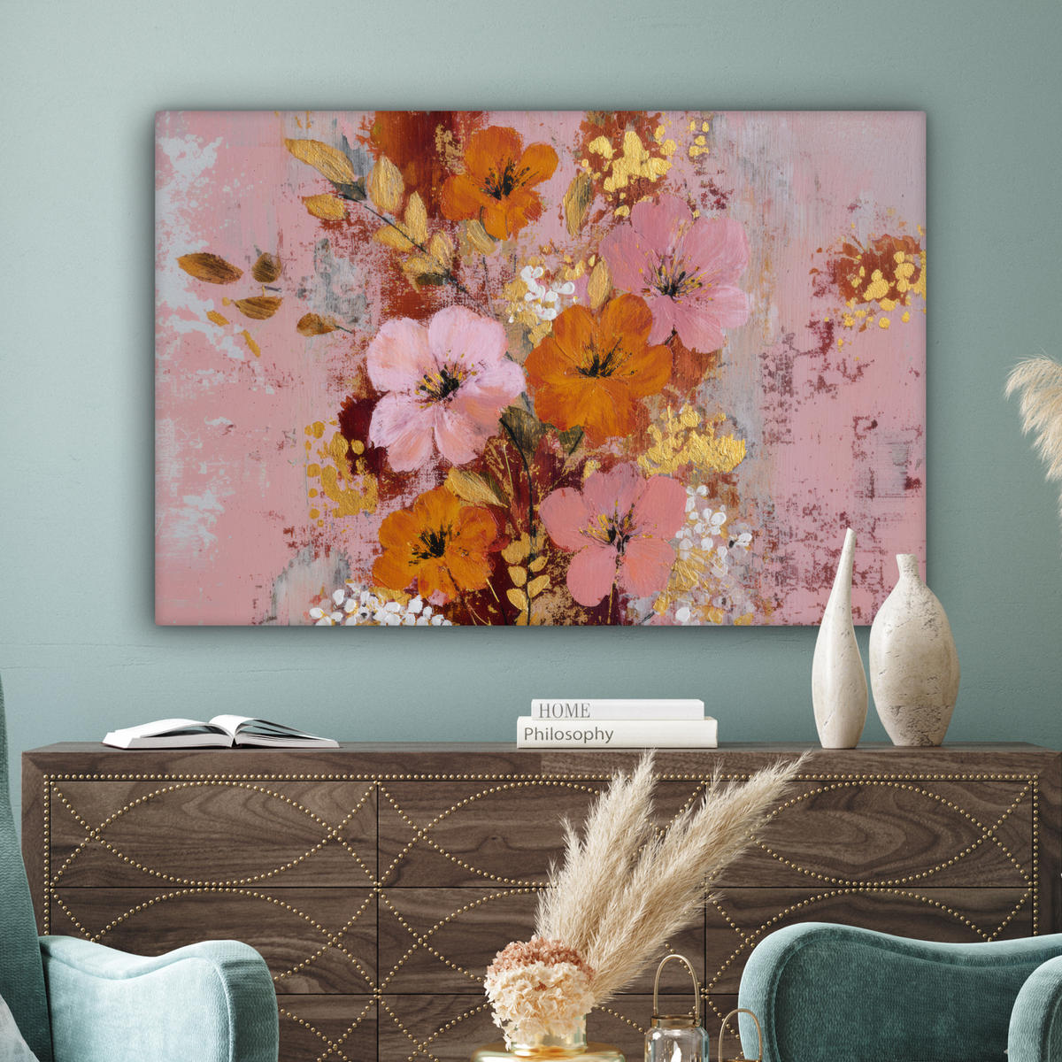 LEINWANDBILD Malerei - Blumen - Rustikal - Rosa Groß 140x90 cm - Altrosa, Textil (140/90cm) - MuchoWow