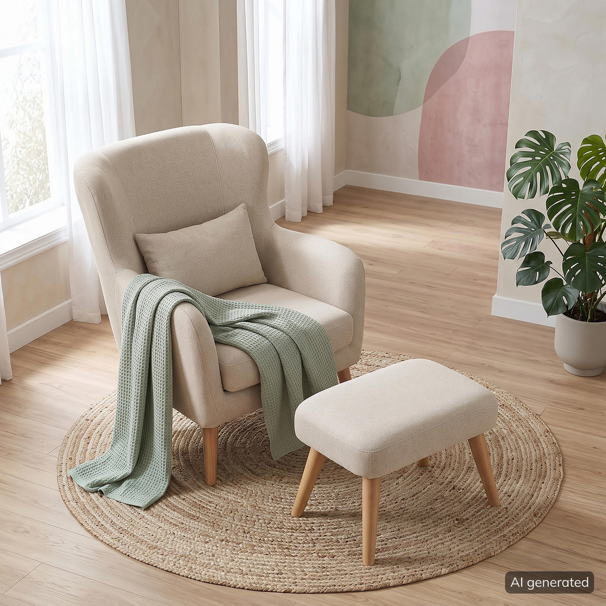 SESSEL mit Hocker - Beige, Holz/Birkenholz (75/96/78cm) - home24