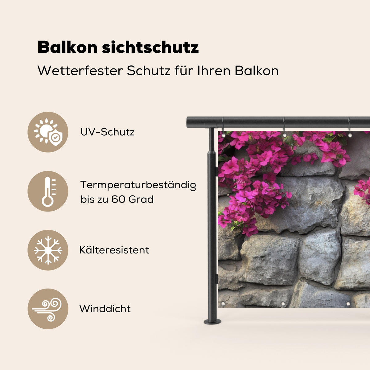 BALKON-SICHTSCHUTZ Bougainvillea - Steinmauer - Rosa - Magenta, Kunststoff (200/90cm) - MuchoWow