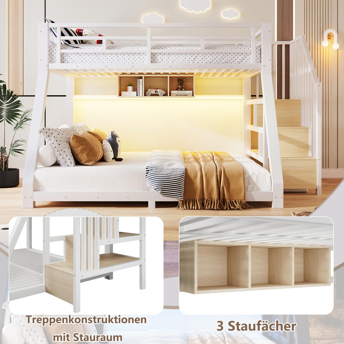 ETAGENBETT 90/200 cm & 140/200 cm in Weiß Kinderbett mit 3 Staufächern, LED und Treppe Metall - Weiß, Holzwerkstoff/Metall (140/200cm) - STILVORA