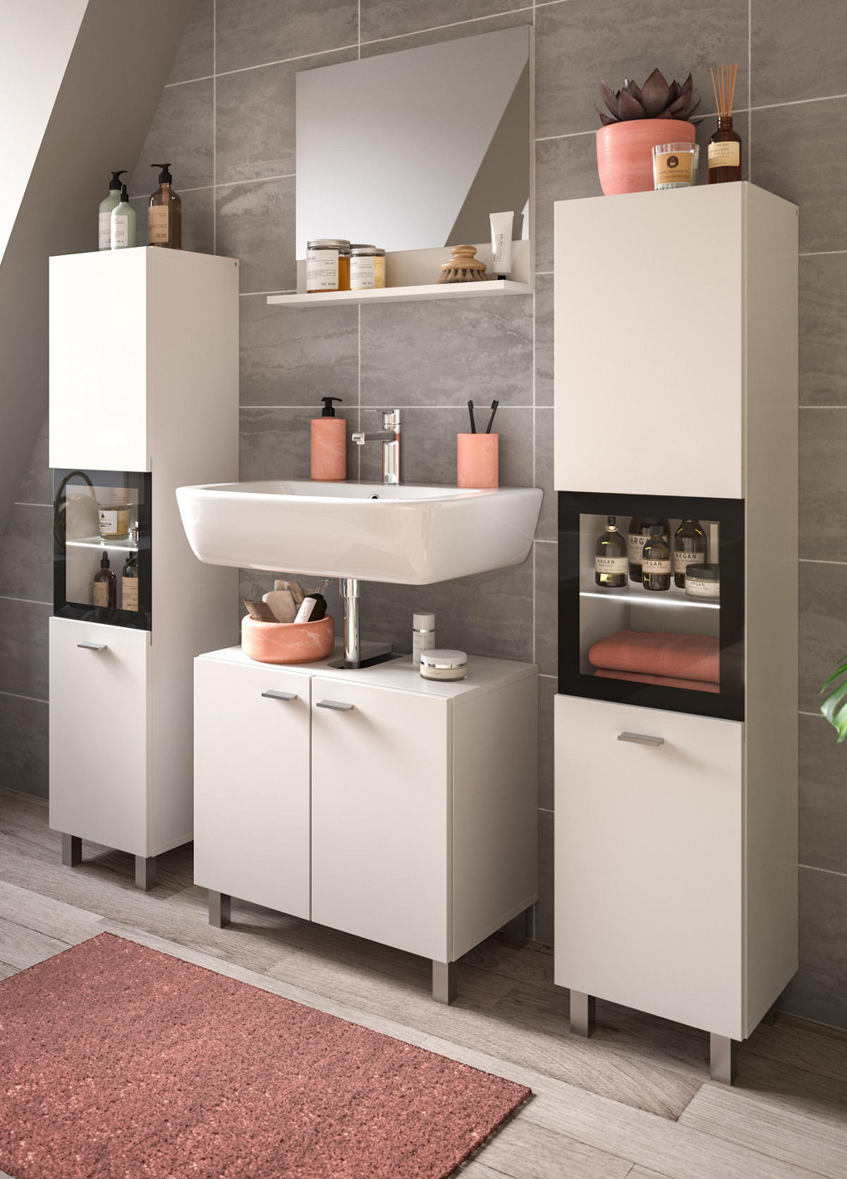 BADMÖBEL-SET weiß 4-teilig 140 cm, Kombination hängend oder stehend - Weiß, Glas/Holzwerkstoff (137/186/33cm) - Inn.Furn