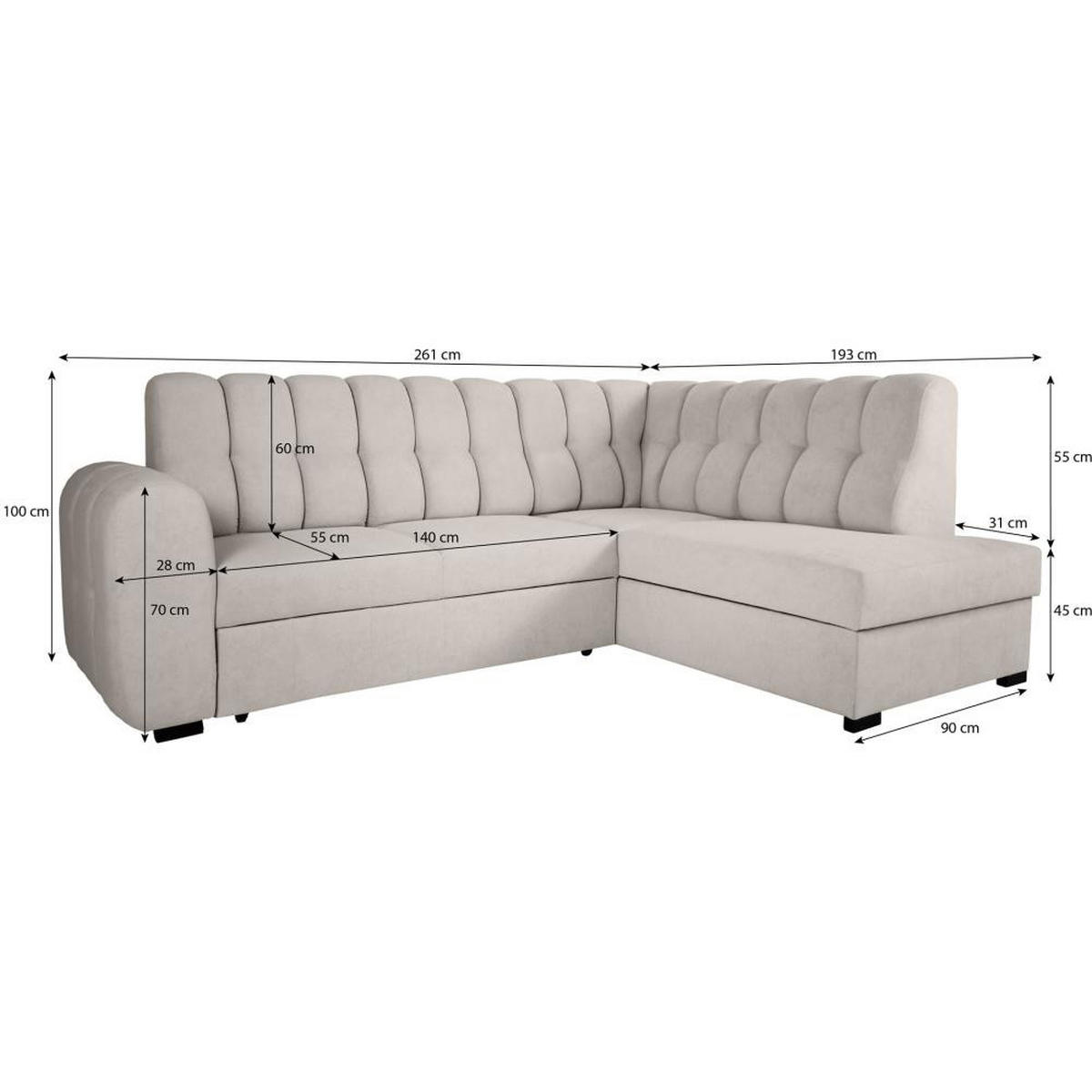 ECKSCHLAFSOFA Zoja links hellbraun - Hellbraun/Schwarz, Textil (261/193cm) - Beautysofa