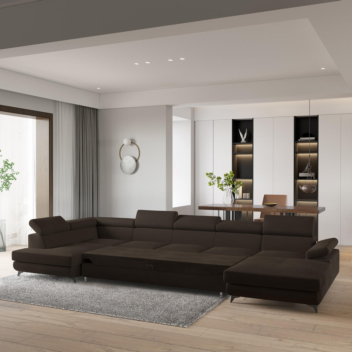 WOHNLANDSCHAFT MONTIVA Braun Velours-Stoff mit Schlaffunktion - Braun, Holz (410/89/190cm) - MASSENO